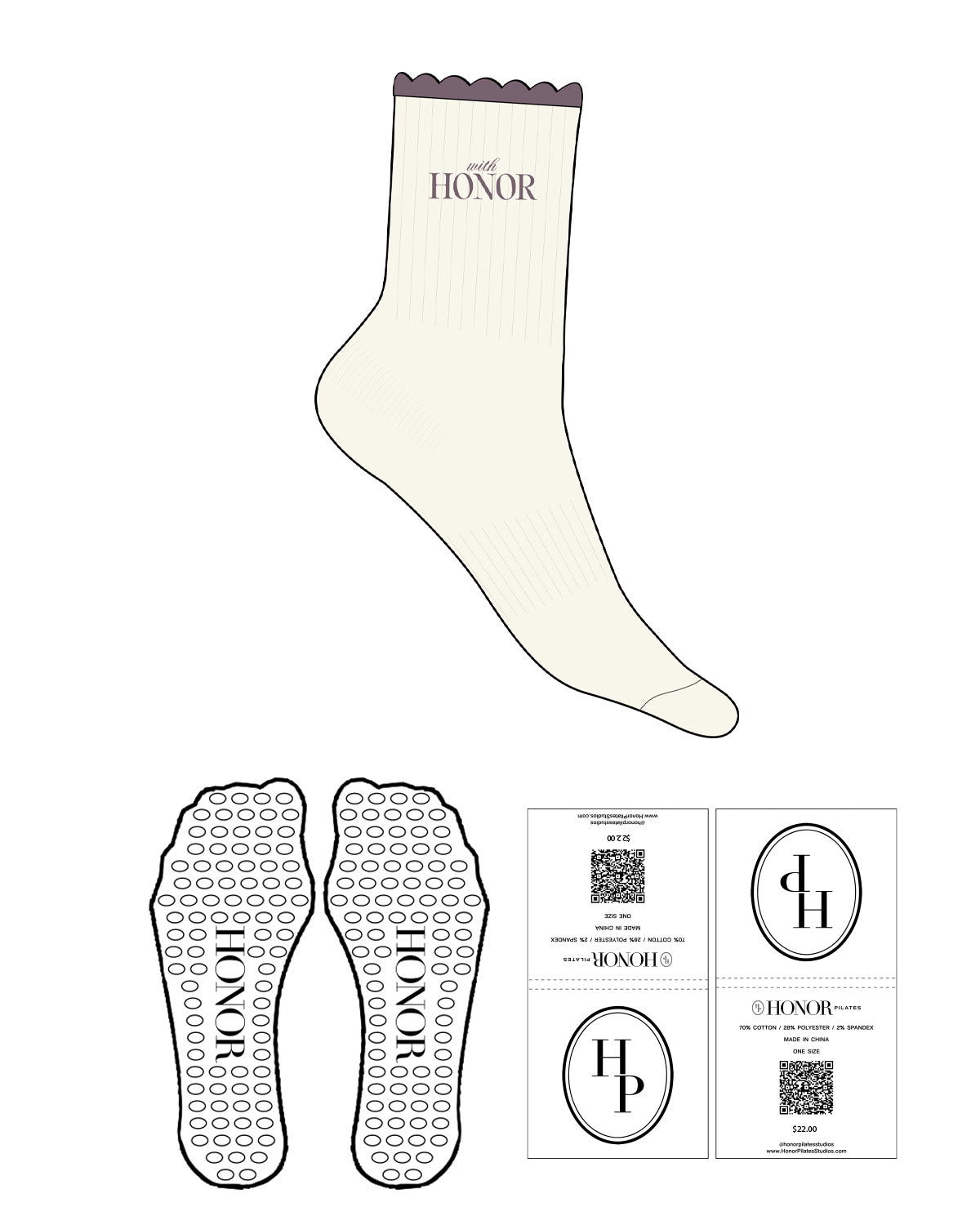 The 3/4 Scallop Crew Sock - Off White - Honor Pilates - Top Scallop - Top Logo Stacked - Embroidered - Plum - Circle Shape Grip - Transparent