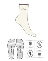 The 3/4 Scallop Crew Sock - Off White - Honor Pilates - Top Scallop - Top Logo Stacked - Embroidered - Plum - Circle Shape Grip - Transparent