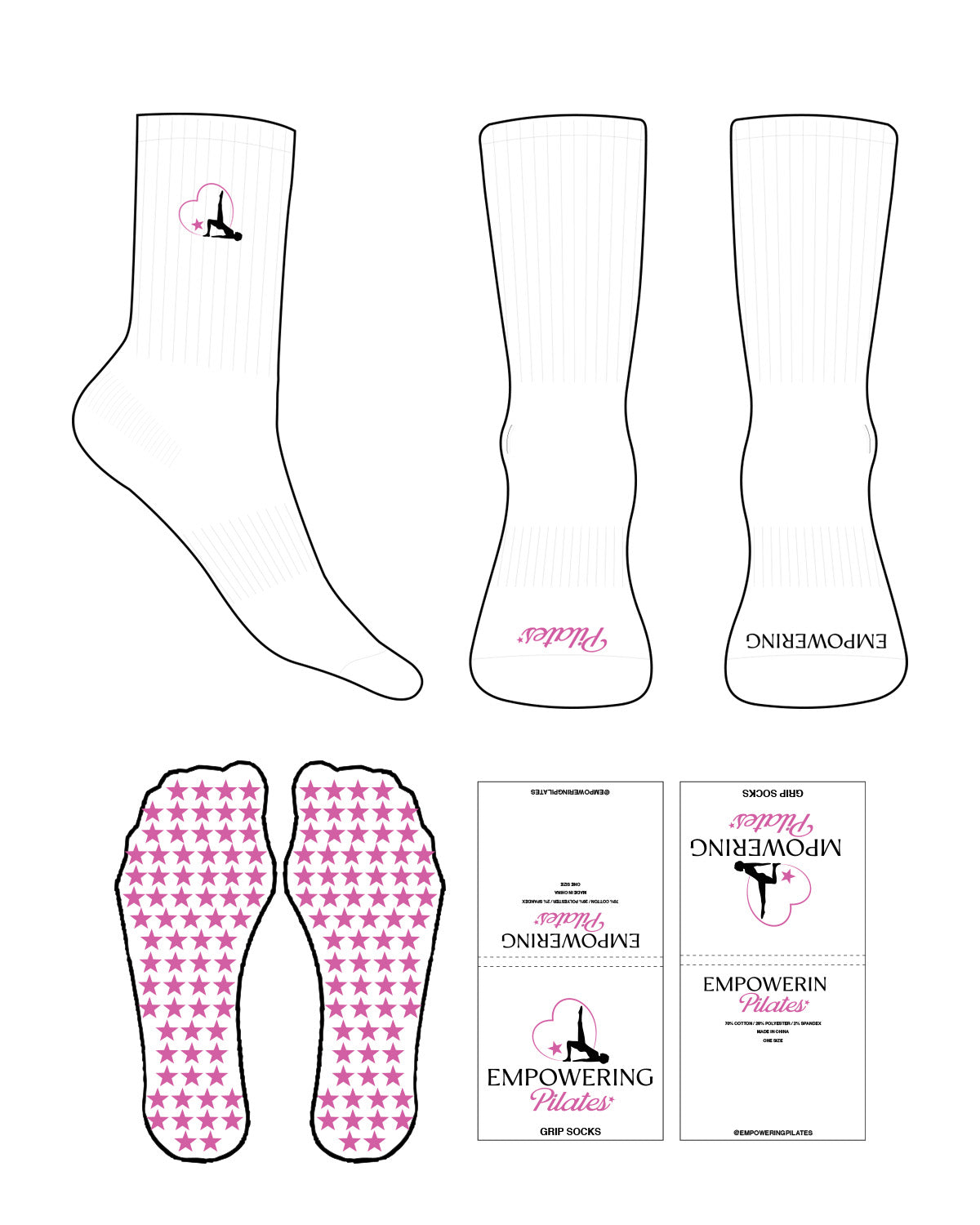 The Crew Sock - White - Empowering Pilates - Top & Front Logo - Embroidered - Printed - Full Color - Star Shape Grip - Pink