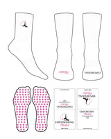 The Crew Sock - White - Empowering Pilates - Top & Front Logo - Embroidered - Printed - Full Color - Star Shape Grip - Pink