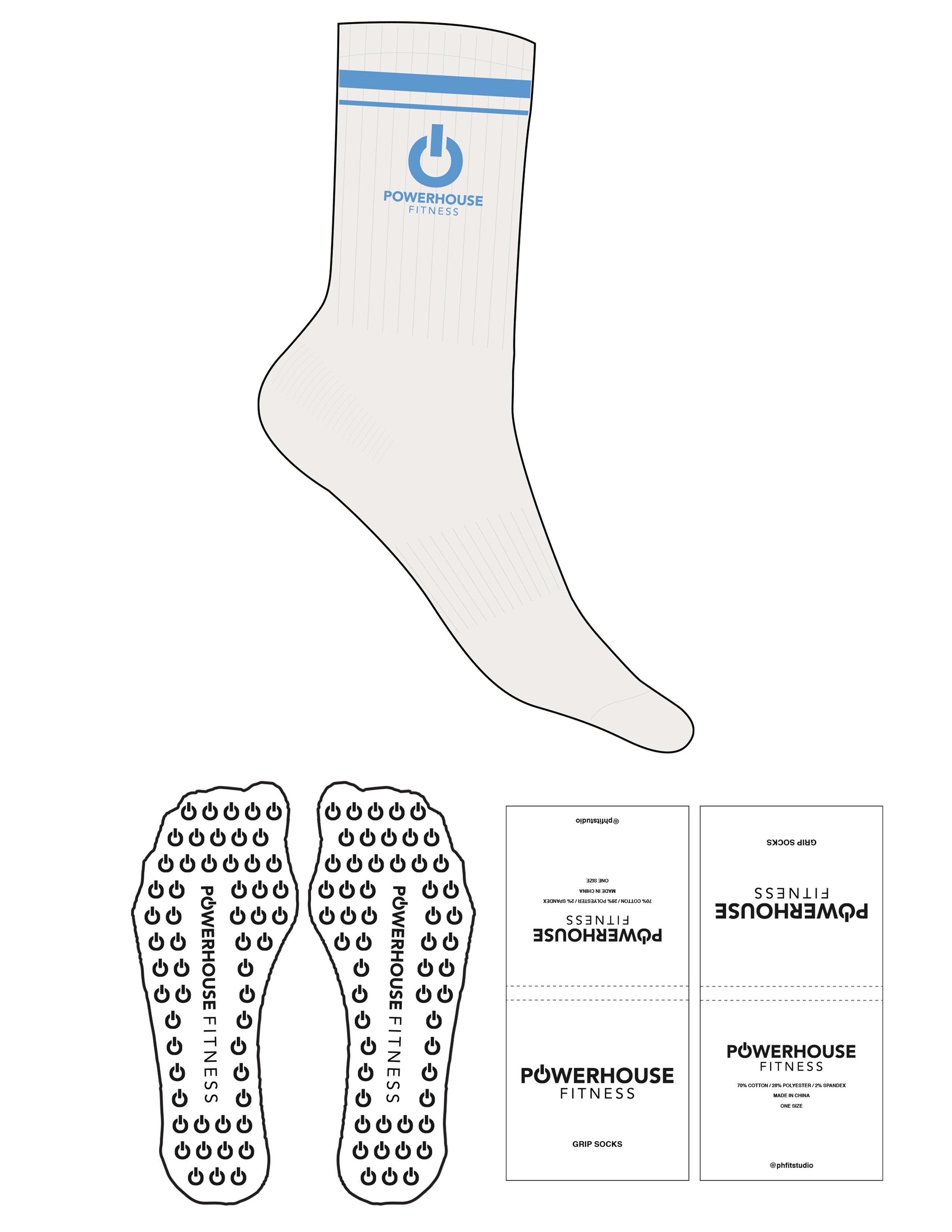 The Crew Sock - Cloud Dancer - Powerhouse Fitness - All Aboard Stripes - Top Logo Stacked - Embroidered - All Aboard - Power Grip - All Aboard