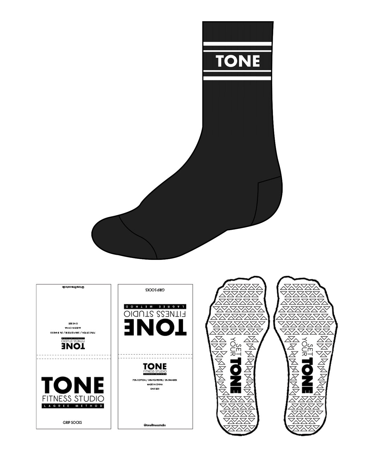 The Crew Sock - Black - Tone Fitness Studio - 4 Lines - Center Text - White - Triangle Shape Grip - White