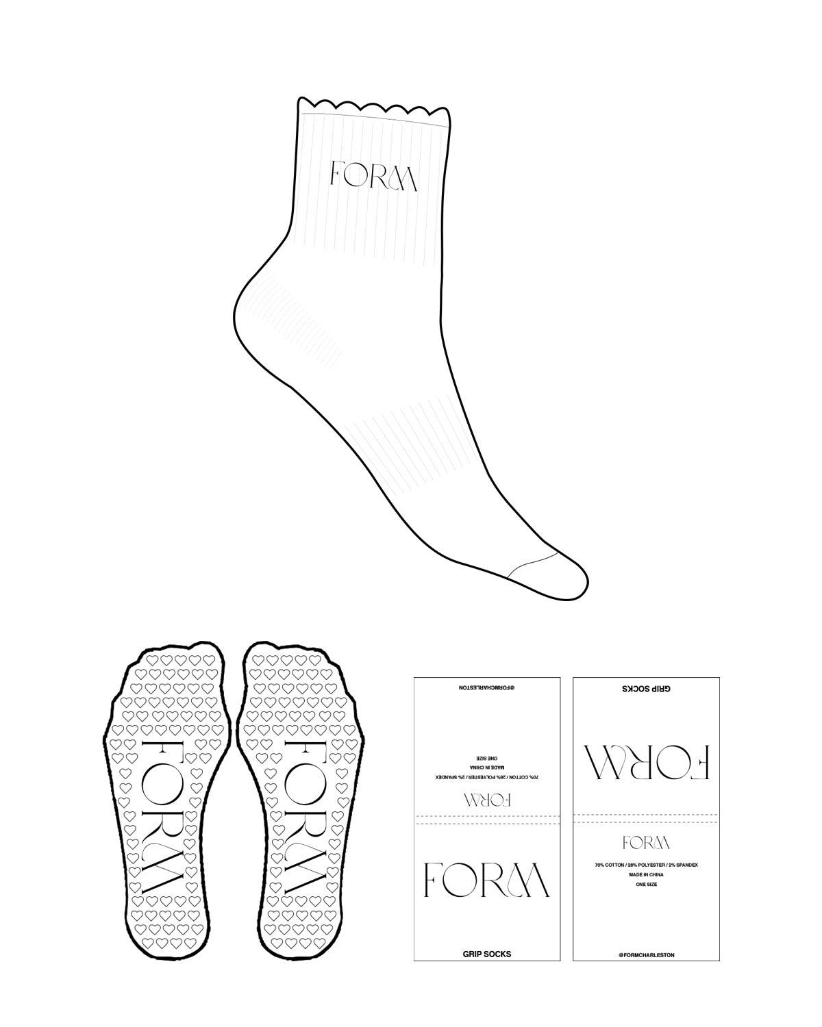 The 3/4 Crew Sock - White - FORM CHARLESTON - Top Icon- Embroidered - Black Heart Grip - Black