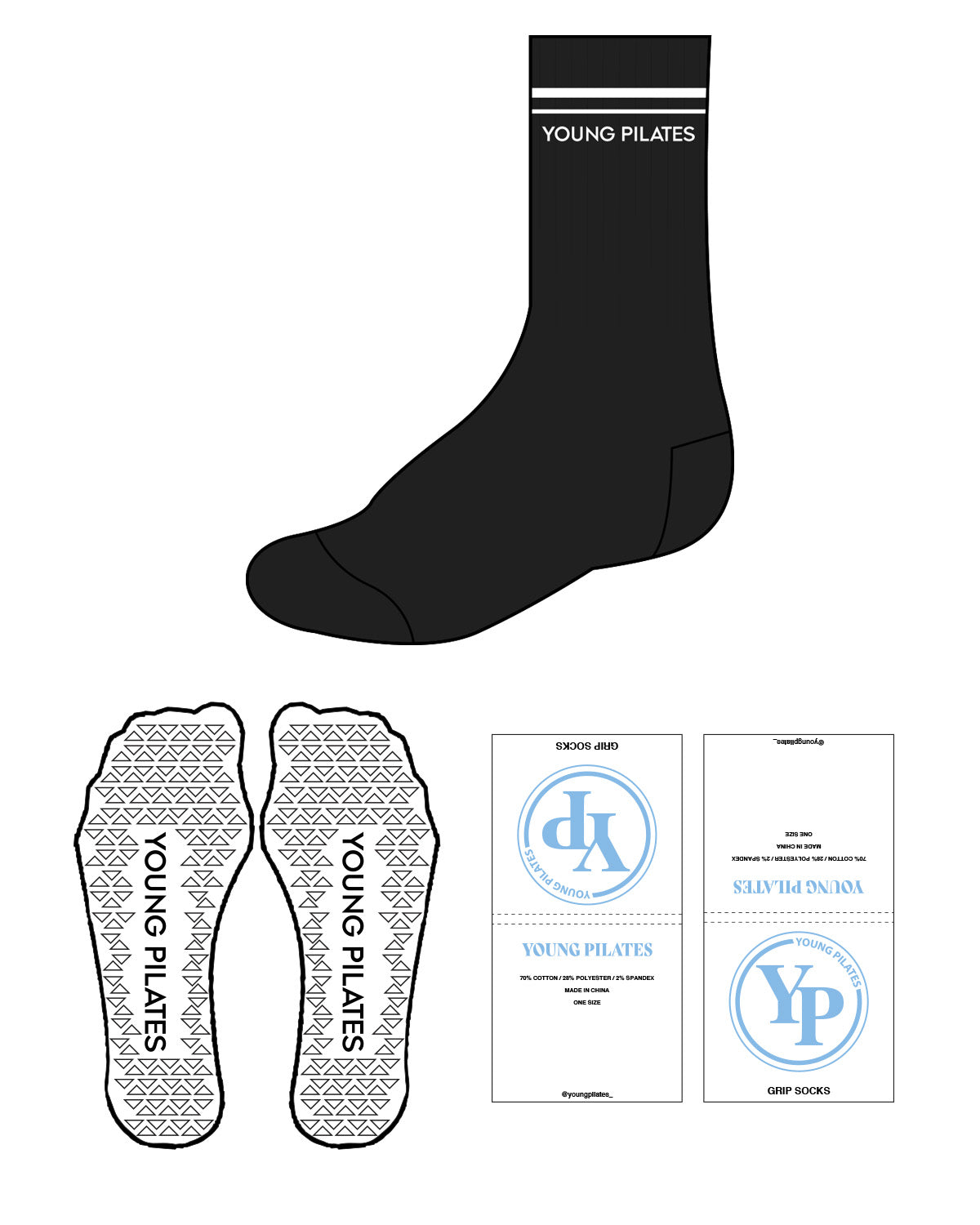The Crew Sock - Black - YP - Top Border & White Triangle Grip - White