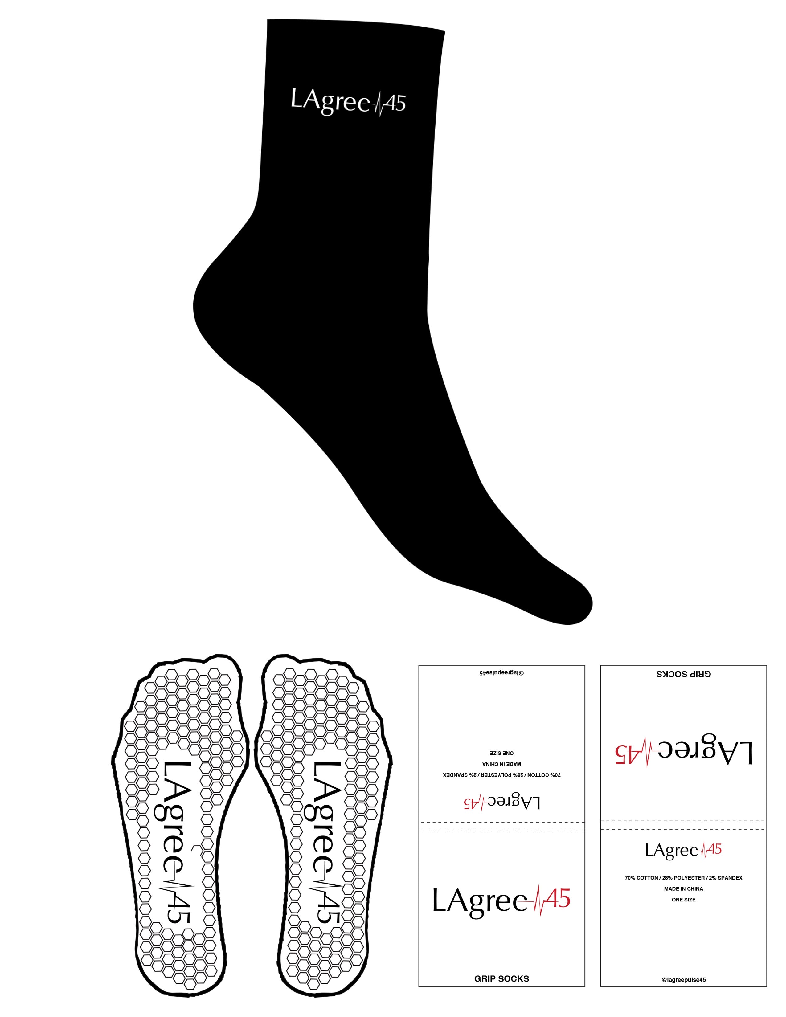 The 3/4 Crew Sock - Black - Lagree Pulse 45 - Top Logo - Embroidered - White - Hexagon Grip - White