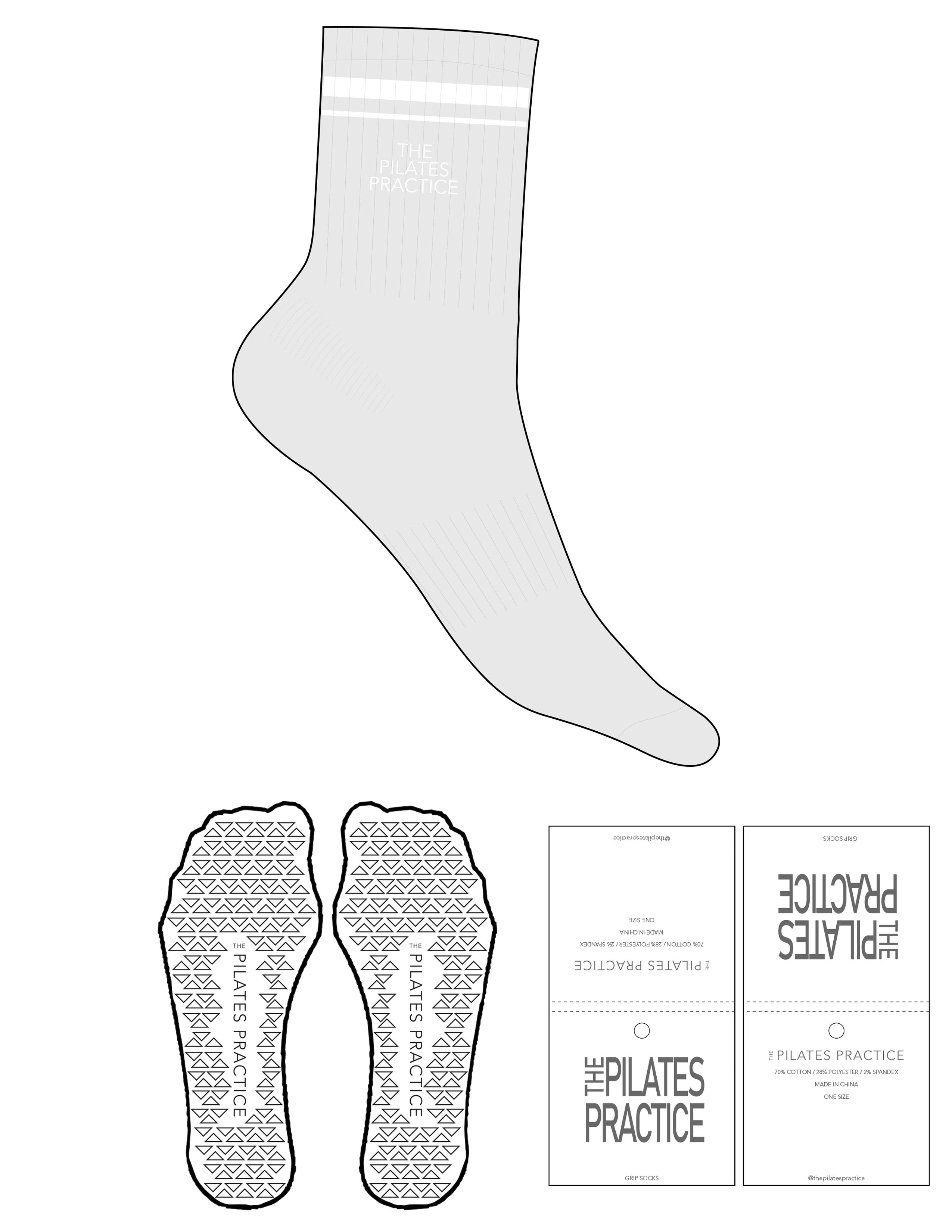 The 3/4 Crew Sock - Heather - Pilates Practice - 2 White Stripes - Top Logo Stacked - Embroidered - White - Triangle Grip - Transparent
