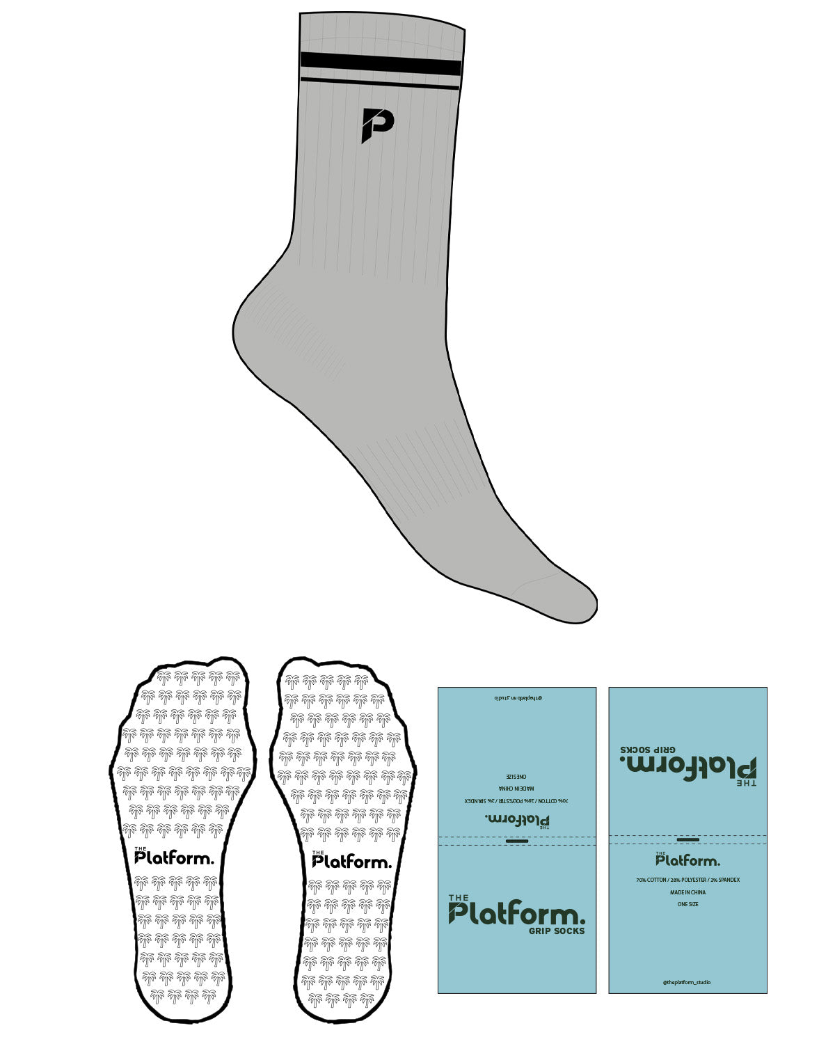 The Crew Sock - Heather - The Platform Studio - Top Logo - Embroidered - 2 Stripes - Printed - Black - Palm Tree - Black