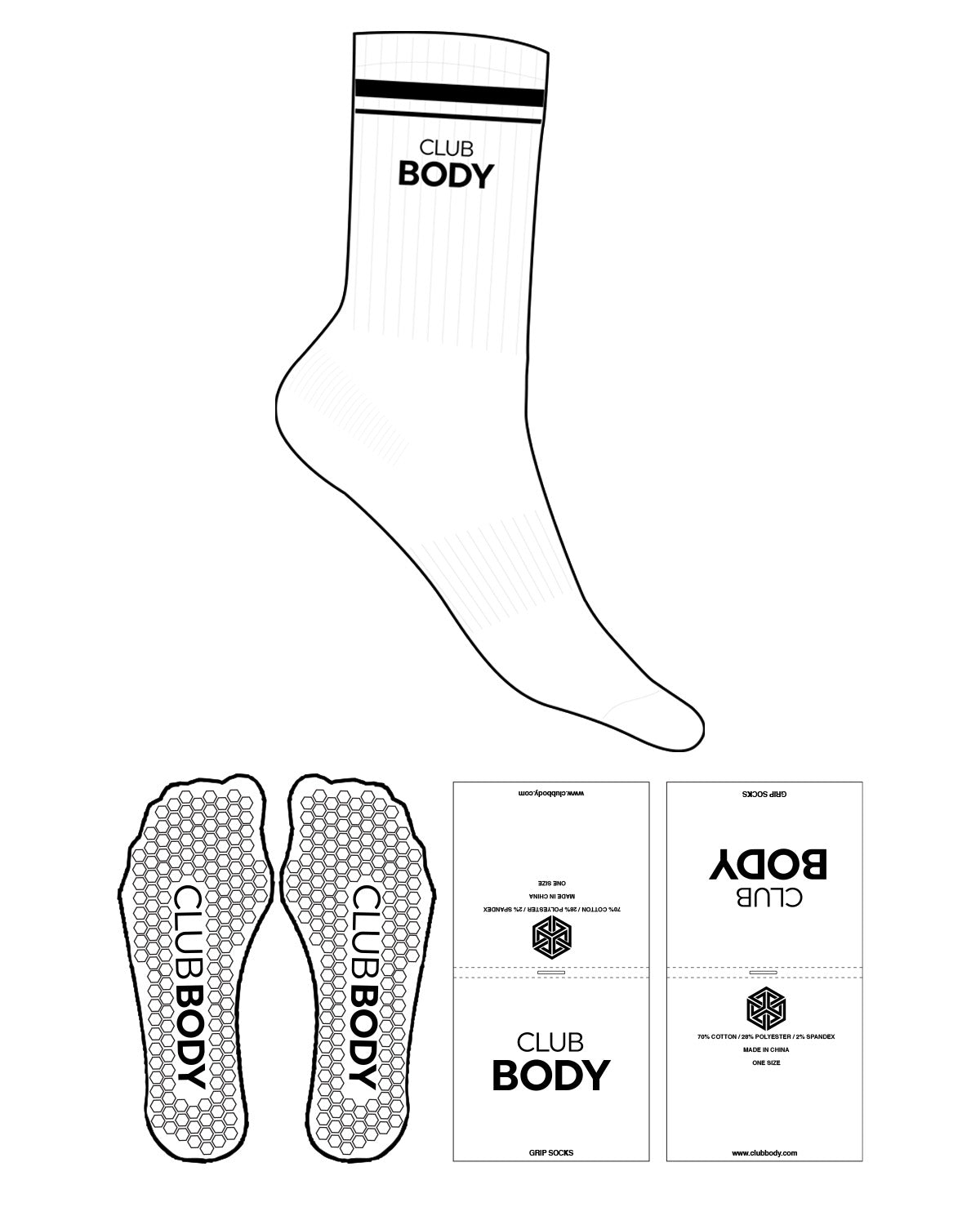 The Crew Sock - White - Club Body - 2 Stripes - Top Logo Stacked - Black - Hexagon Grip - Black