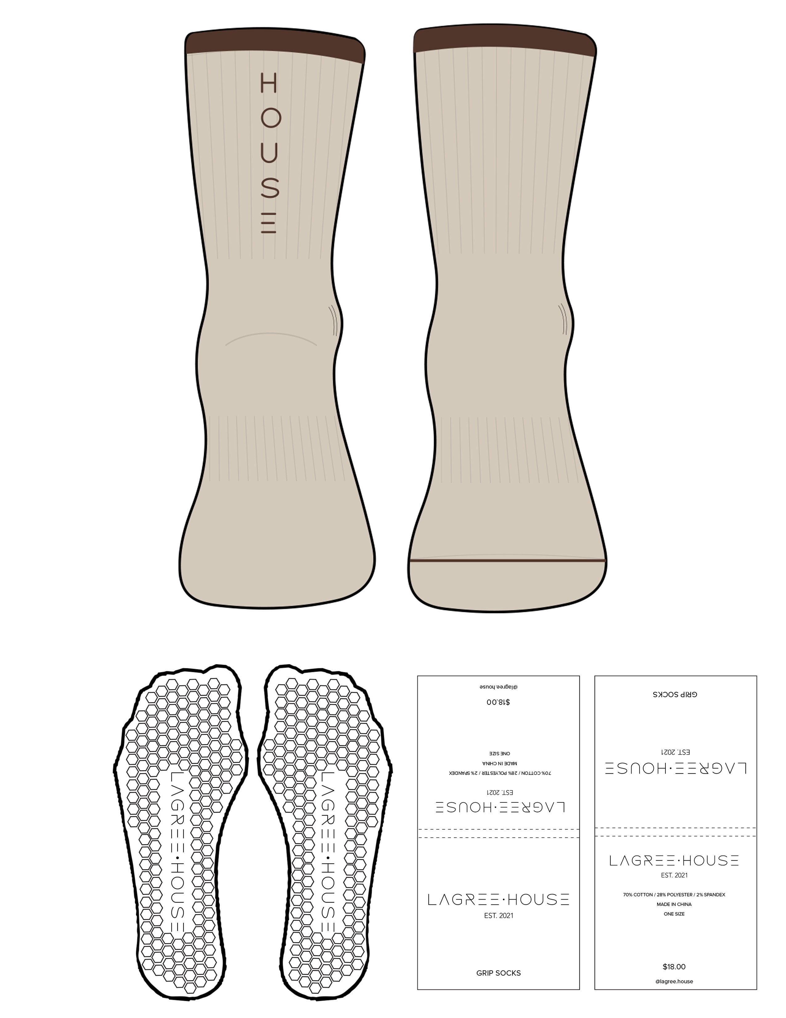 The 3/4 Crew Sock - Oat Milk - Lagree House - Dark Brown Stripes - Top Front & Back Logo - Printed - Dark Brown - Hexagon Grip - Transparent