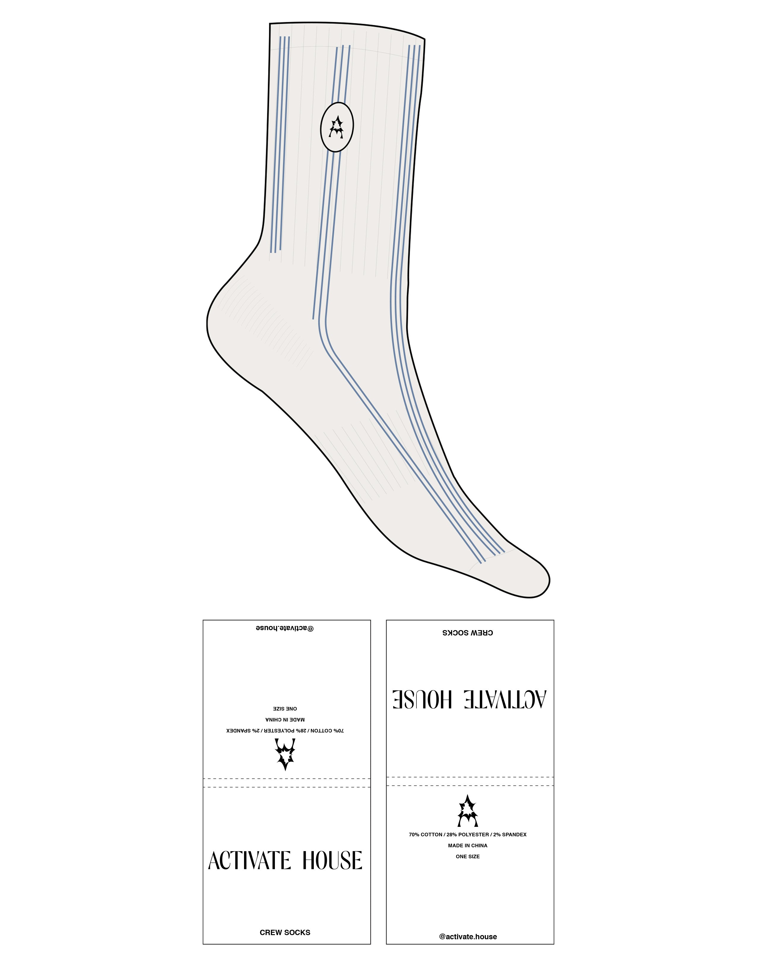The Crew Sock - Cloud Dancer- Activate House - Dusty Blue Stripes - Top Logo Full Color - Embroidered - Toe Logo - Dusty Blue