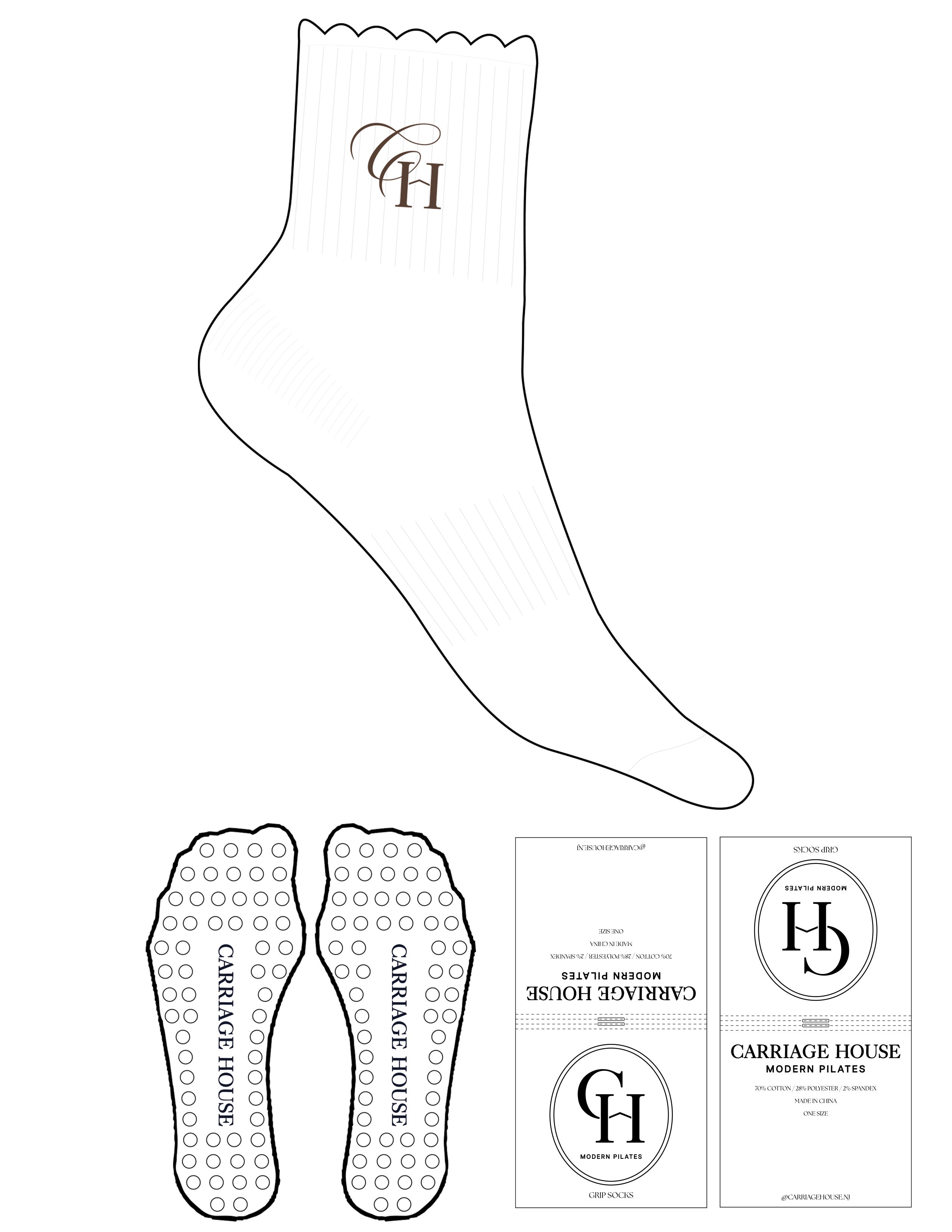 The 1/2 Crew Sock - White - Carriage House - Top Logo "CH" - Embroidered - Truffle - Circle Grip - Truffle