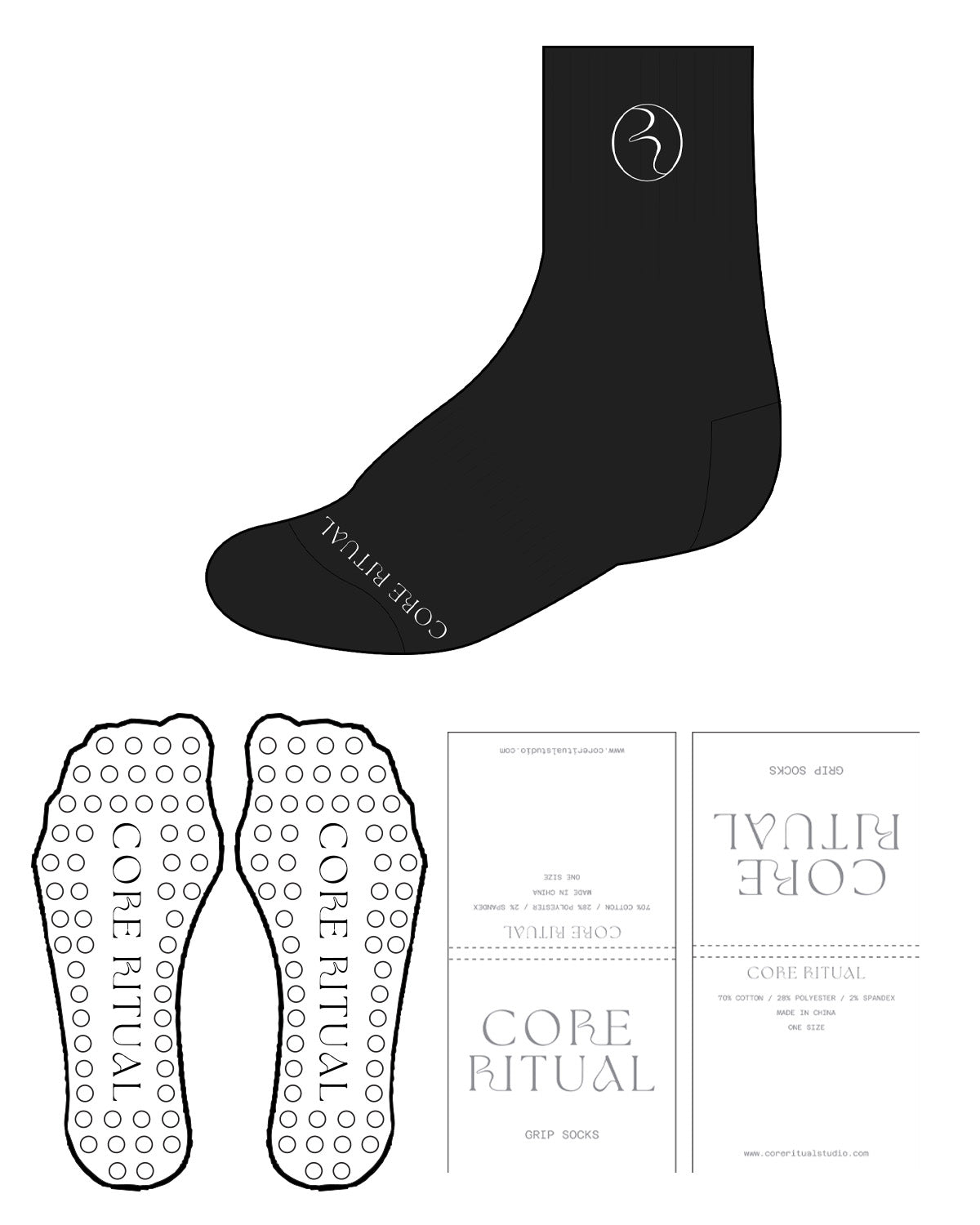 The 3/4 Crew Sock - Black - Core Ritual - Top Center Round Icon & Bottom Text - White Circle Grip