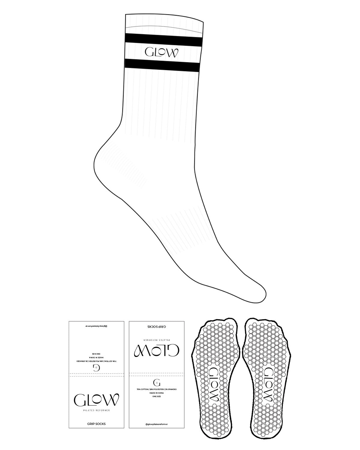 The Crew Sock - White - GlowPilates - 2 Strips - Top Logo "GLOW" - Black - Hexagon Shape Grip - White