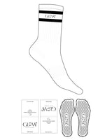 The Crew Sock - White - GlowPilates - 2 Strips - Top Logo "GLOW" - Black - Hexagon Shape Grip - White