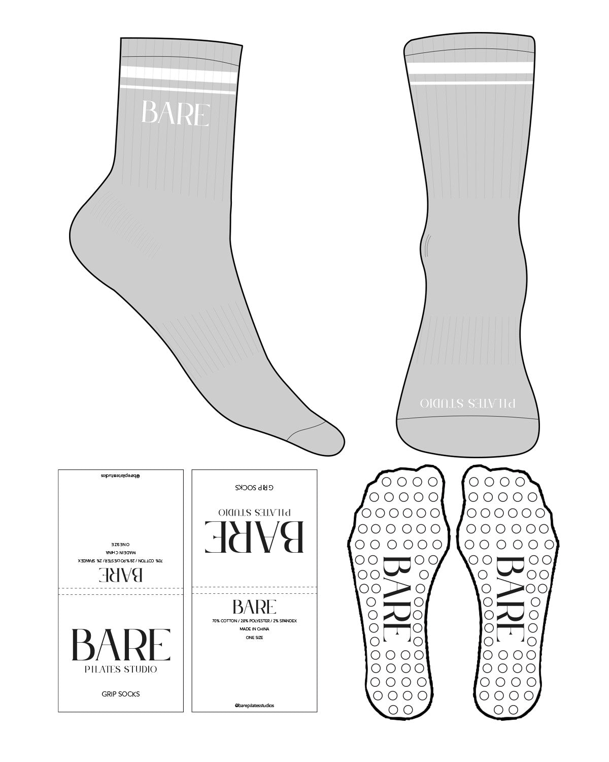 The 3/4 Crew Sock - Heather - Bare Pilates - 2 Strips - Top & Front Logo - White - Circle Shape Grip - Transparent