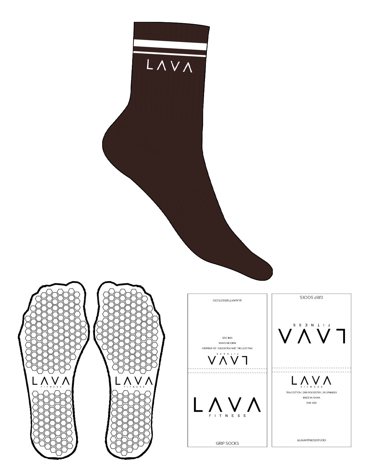 THE 3/4 CREW SOCK - Chocolate - Lava - Top 2 Border Lines & Text - White - Hexagon Shape Grip - White