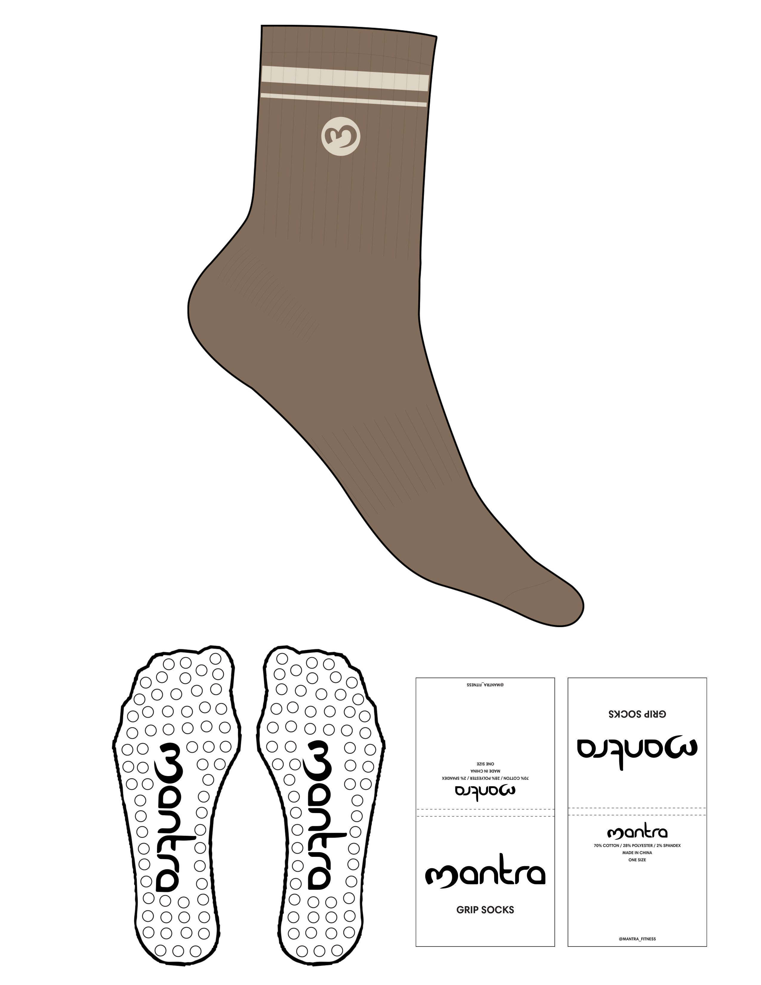The 3/4 Crew Sock - Mocha - Mantra - 2 Stripes Printed - Top Logo Round Embroidered - Off White - Circle Grip - Transparent
