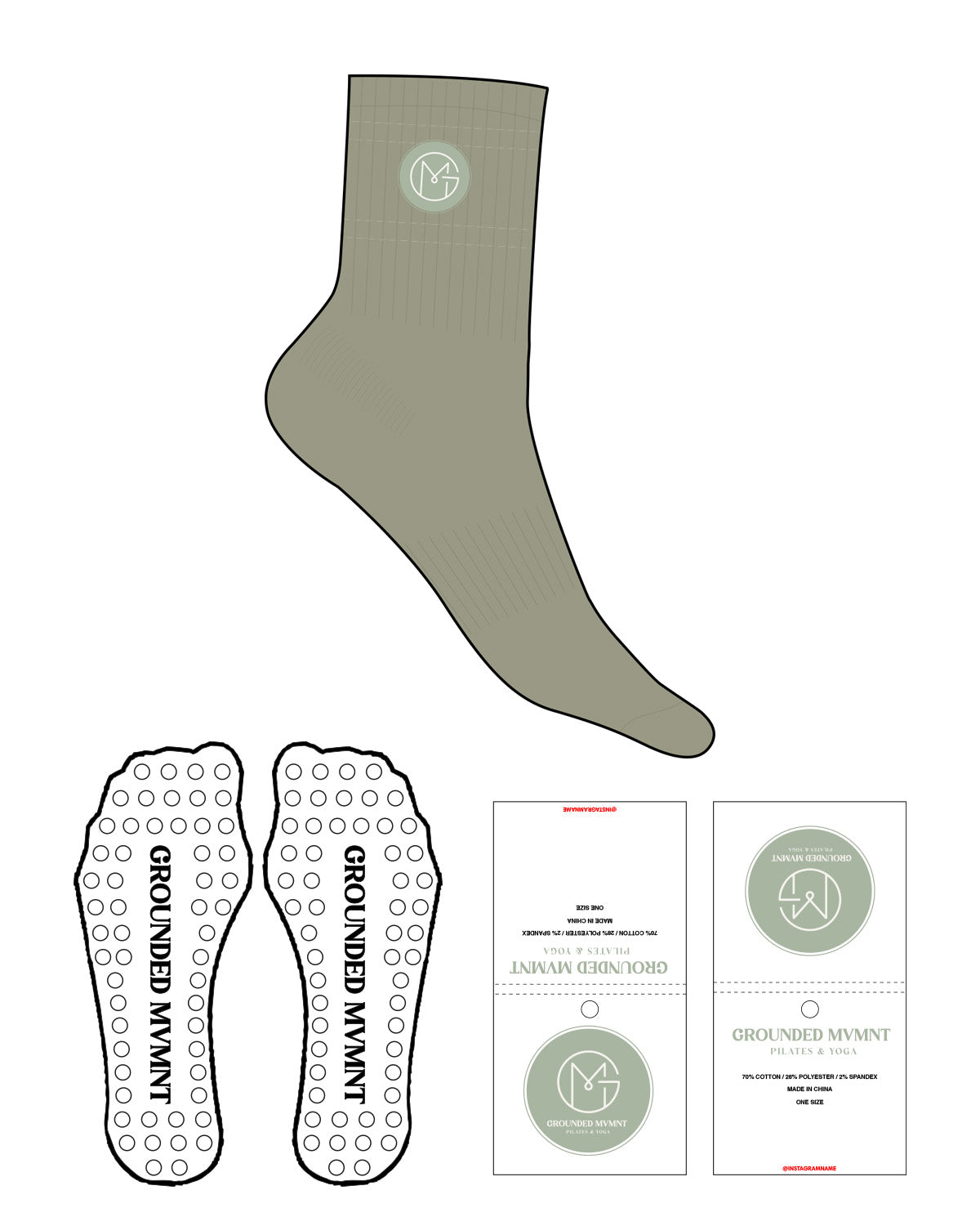 The 3/4 Crew Sock - Sage Green - GroundedMvmnt - Full Color - Embroidered - Circle Shape Grip - Transparent