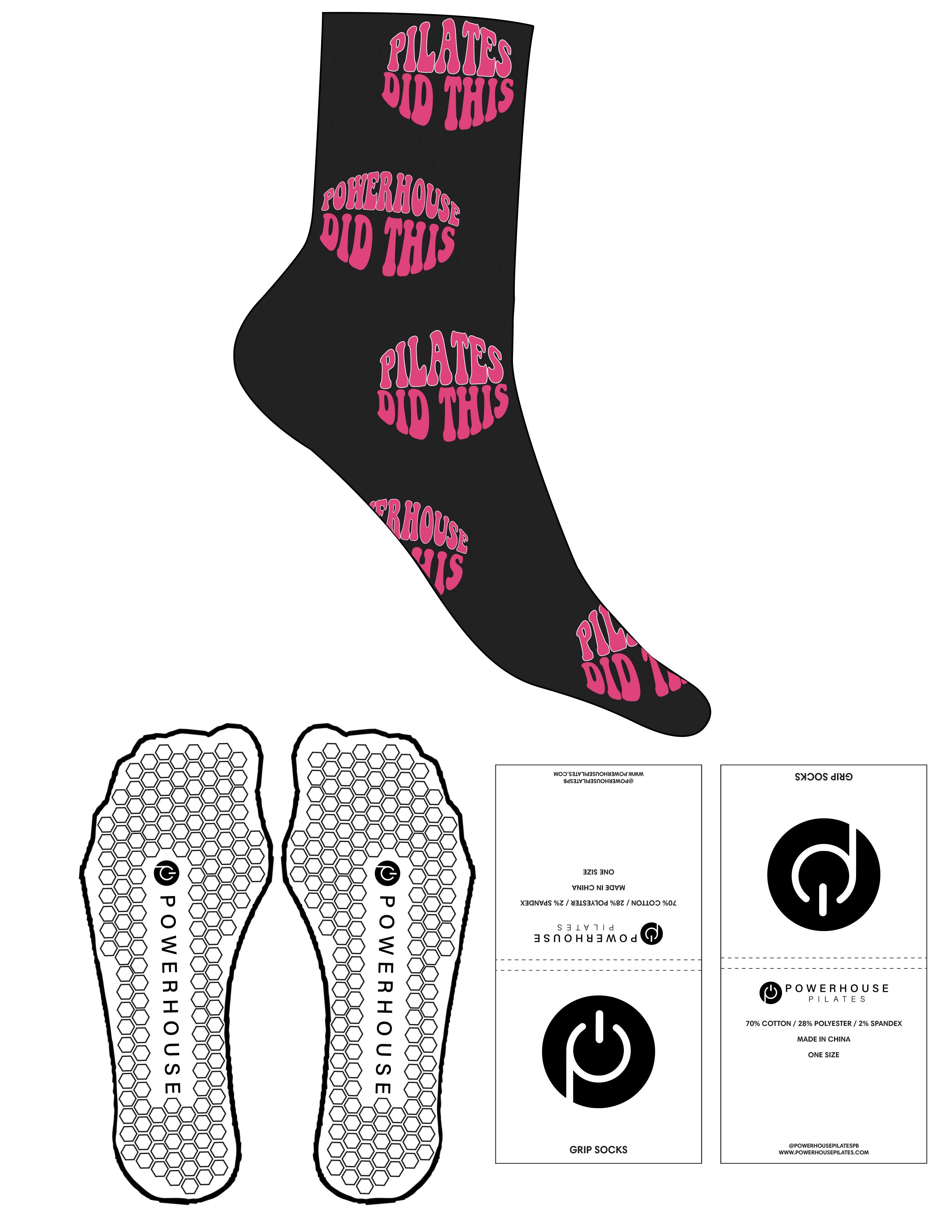 The 3/4 Crew Sock - Black - Powerhouse Pilates - Full Sock - Hot Pink & White - Hexagon grip - Transparent
