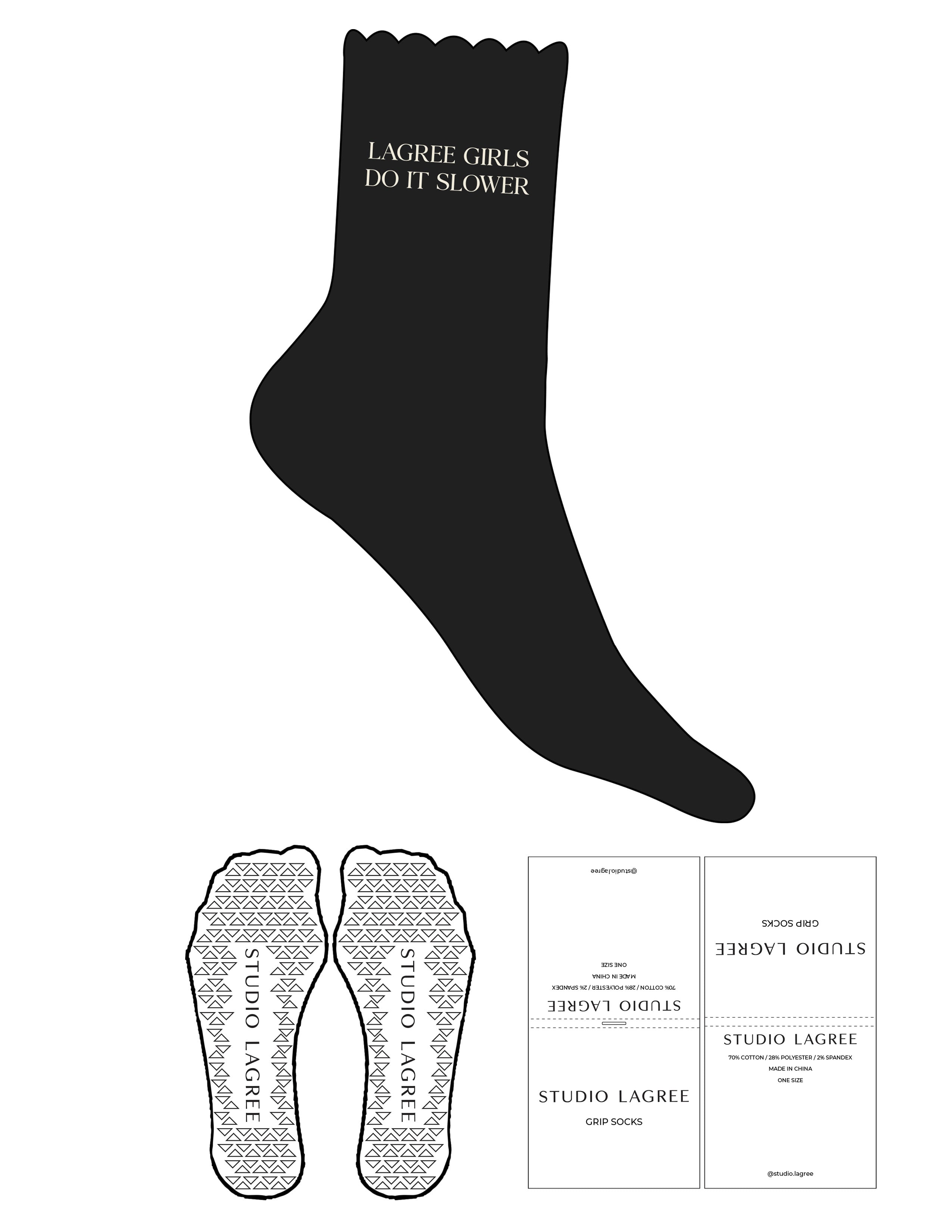The 3/4 Crew Sock - Black - Studio Lagree - Top Logo Stacked - Printed - Vanilla Ice - Triangle Grip - Transparent