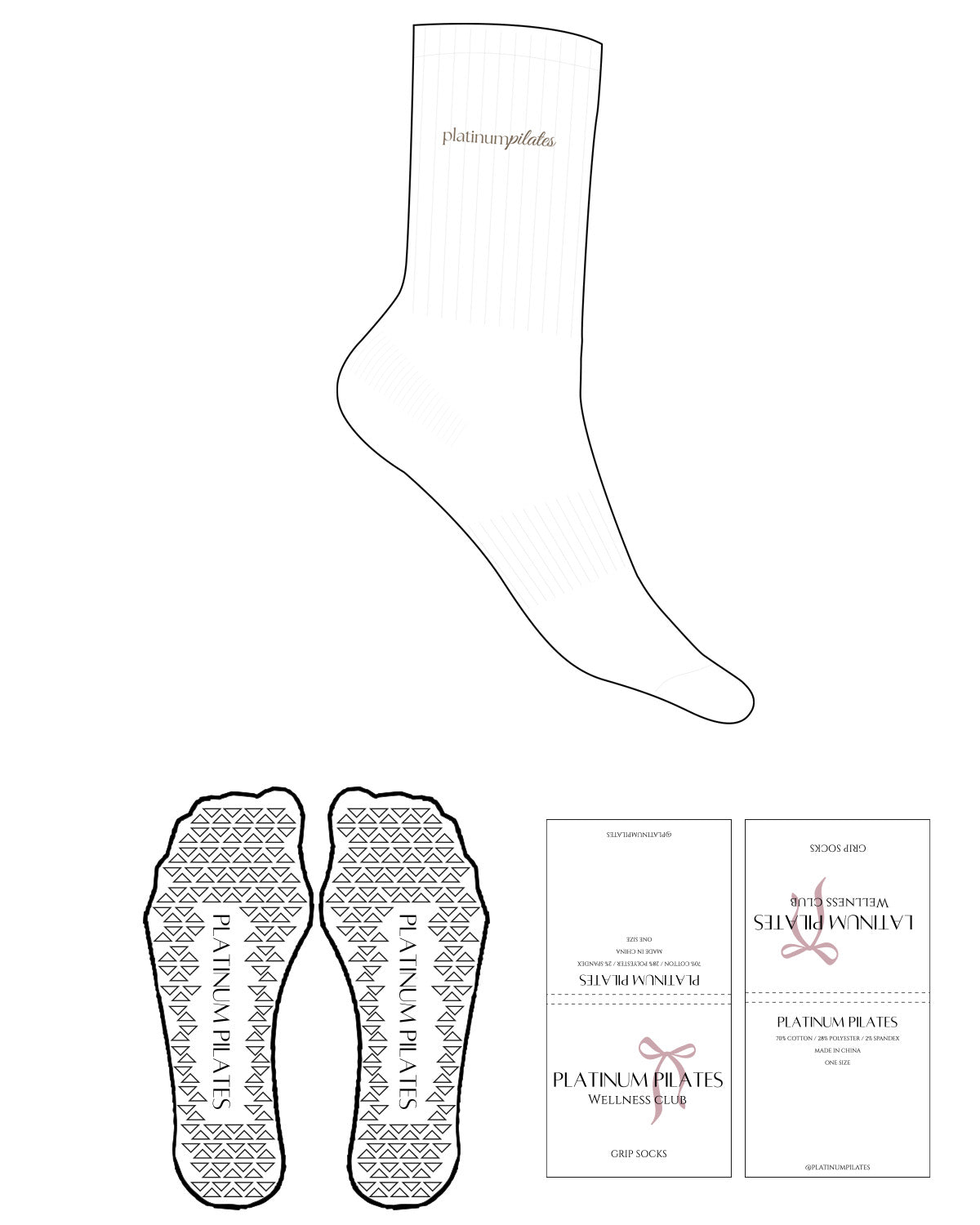The Crew Sock - White - Platinum Pilates - Top Logo - Embroidered - Mocha - Triangle Grip - Transparent