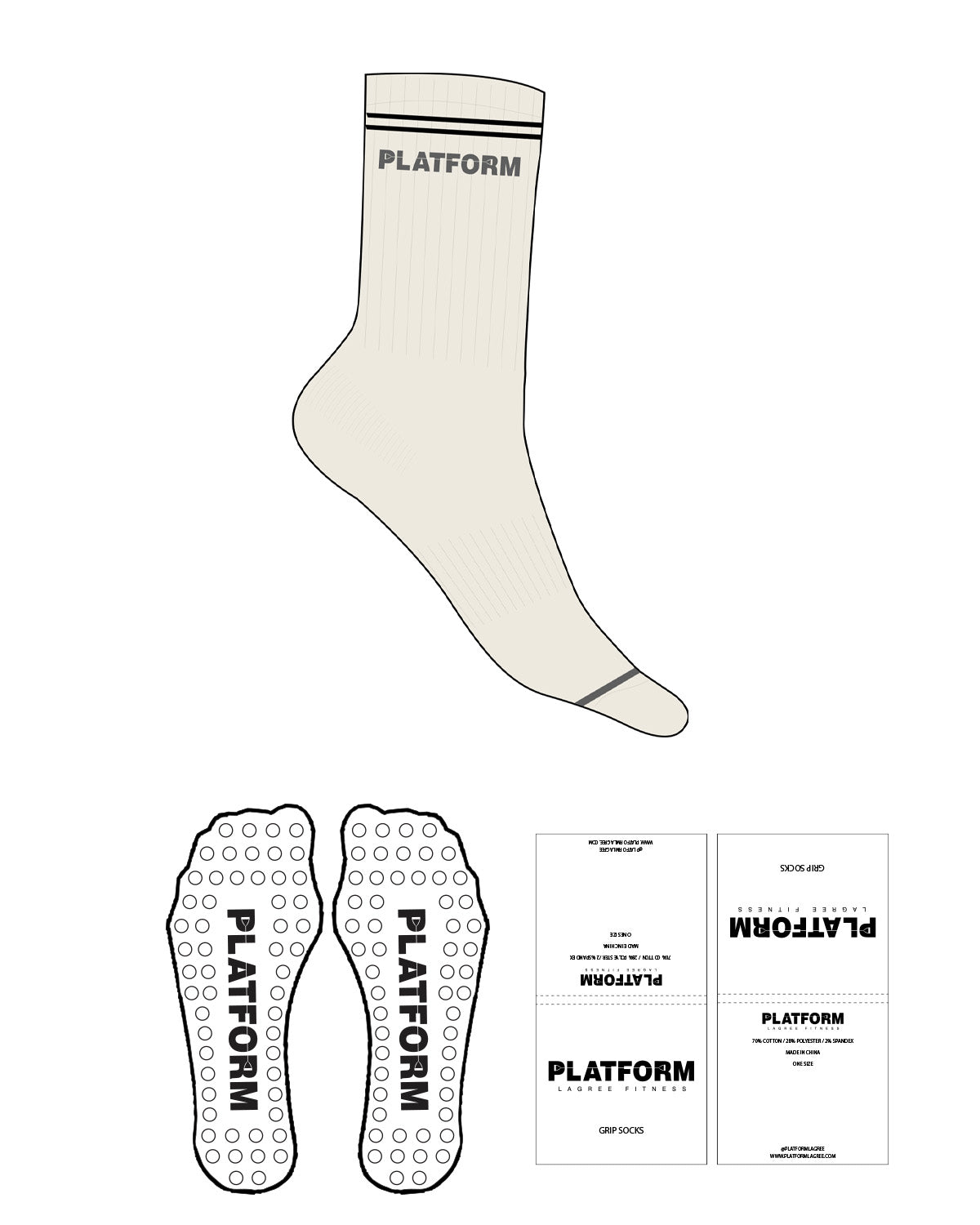 The Crew Sock - Off White - Platform - Top Stripe and Logo & Toe Stripe - Jacquard - Full Color  - Heart Shape Grip - Translucent