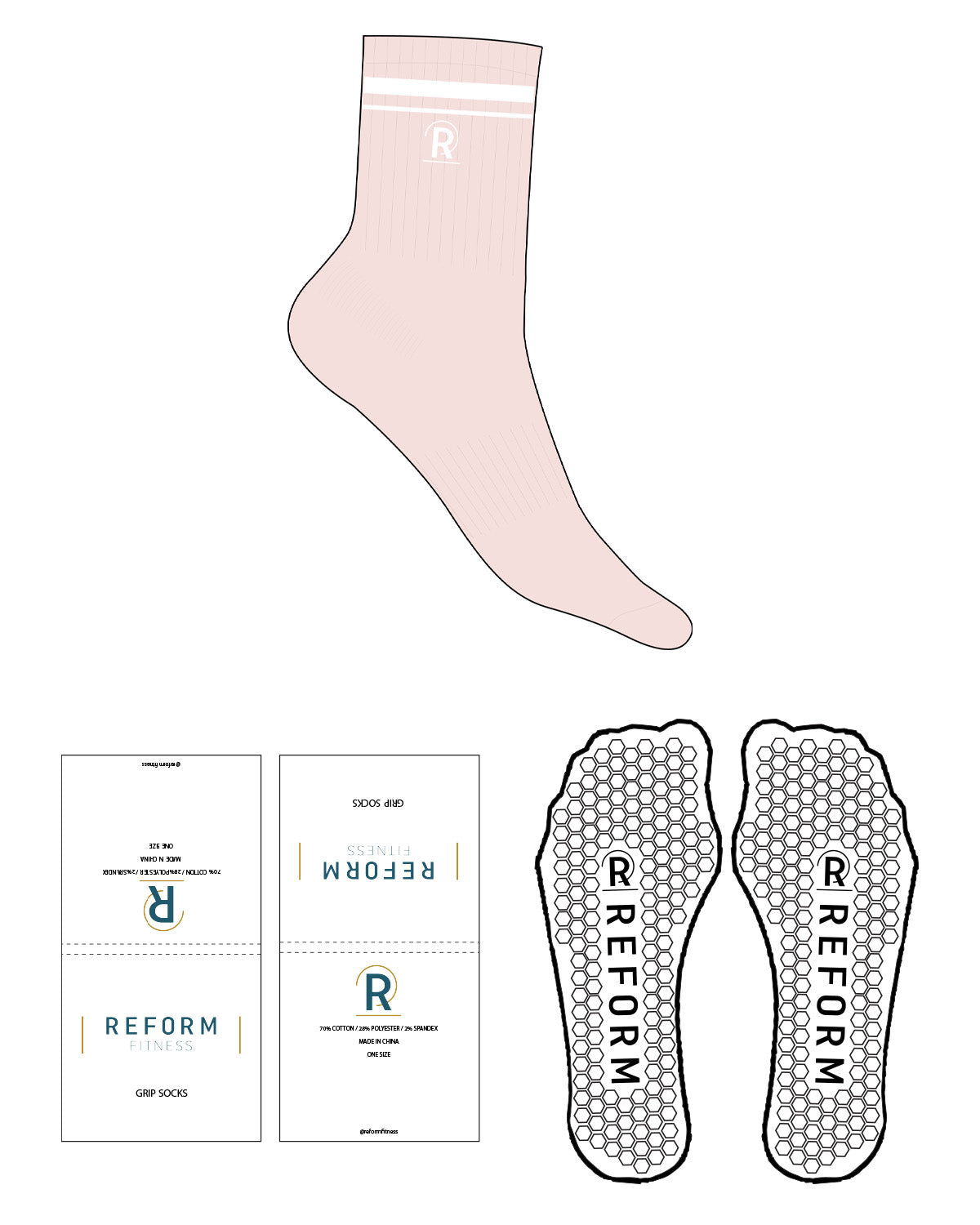 The 3/4 Crew Sock - Light Pink - Reform Fitness -Top Border Lines - "R" - White - Hexagon Shape Grip - Transparent