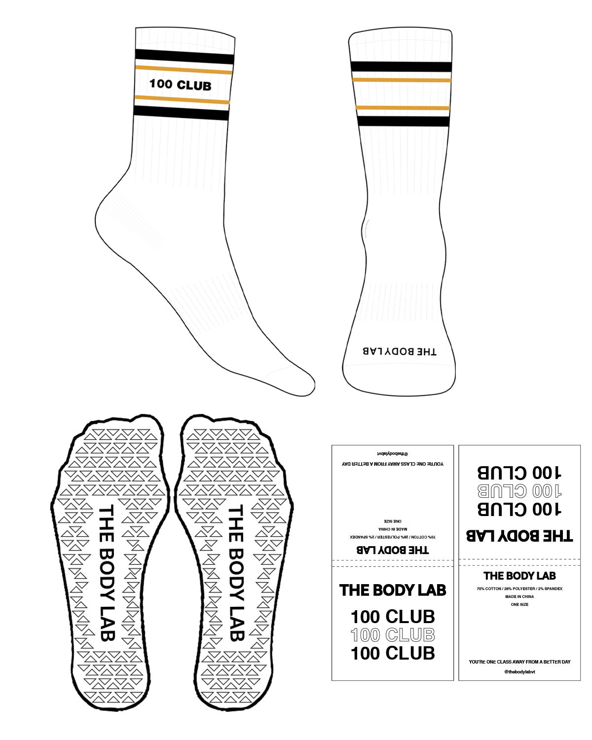 The Crew Sock - White - Body Lab - 4 Strips - Logo Between Strips 100 Club - Black & Gold #1001 - Triangle Shape Grip - Black