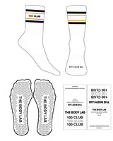 The Crew Sock - White - Body Lab - 4 Strips - Logo Between Strips 100 Club - Black & Gold #1001 - Triangle Shape Grip - Black