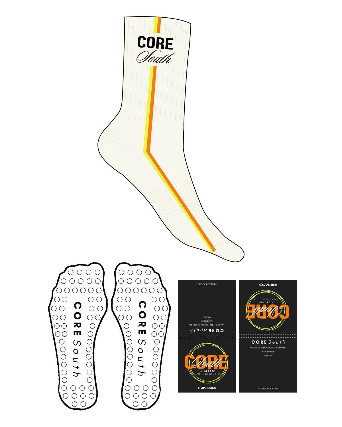 The Crew Sock - Off White - Core South Lagree - Top Text - Line Top To Bottom - Full Color - Circle Shape Grip - Transparent