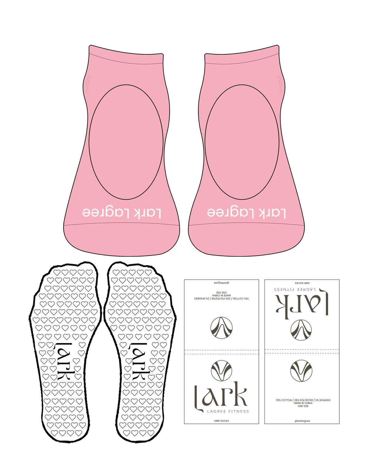 The Ballet Sock - Candy Pink - Pure Movement LARK - Toe Logo - Printed - White - Heart Grip - White