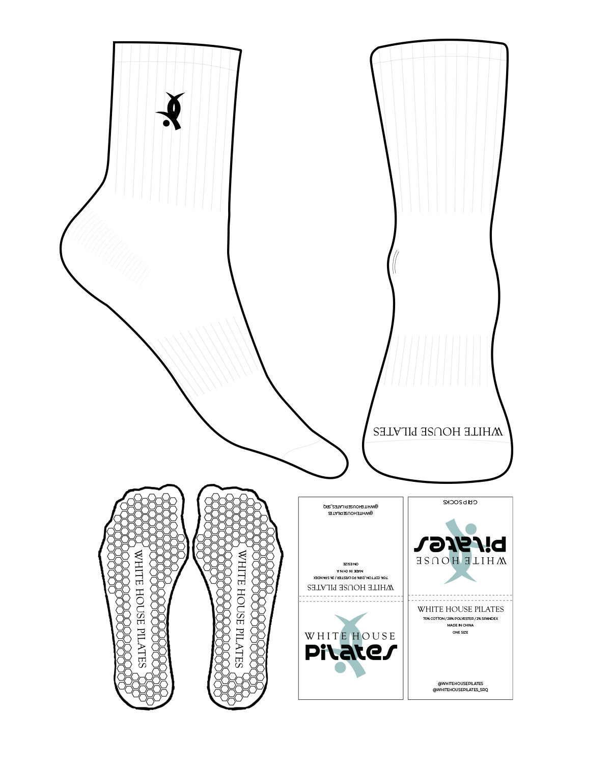 The 3/4 Crew Sock - White - White House - Top Logo Embroidered - Front Logo Printed - Black - Hexagon Shape Grip - Black