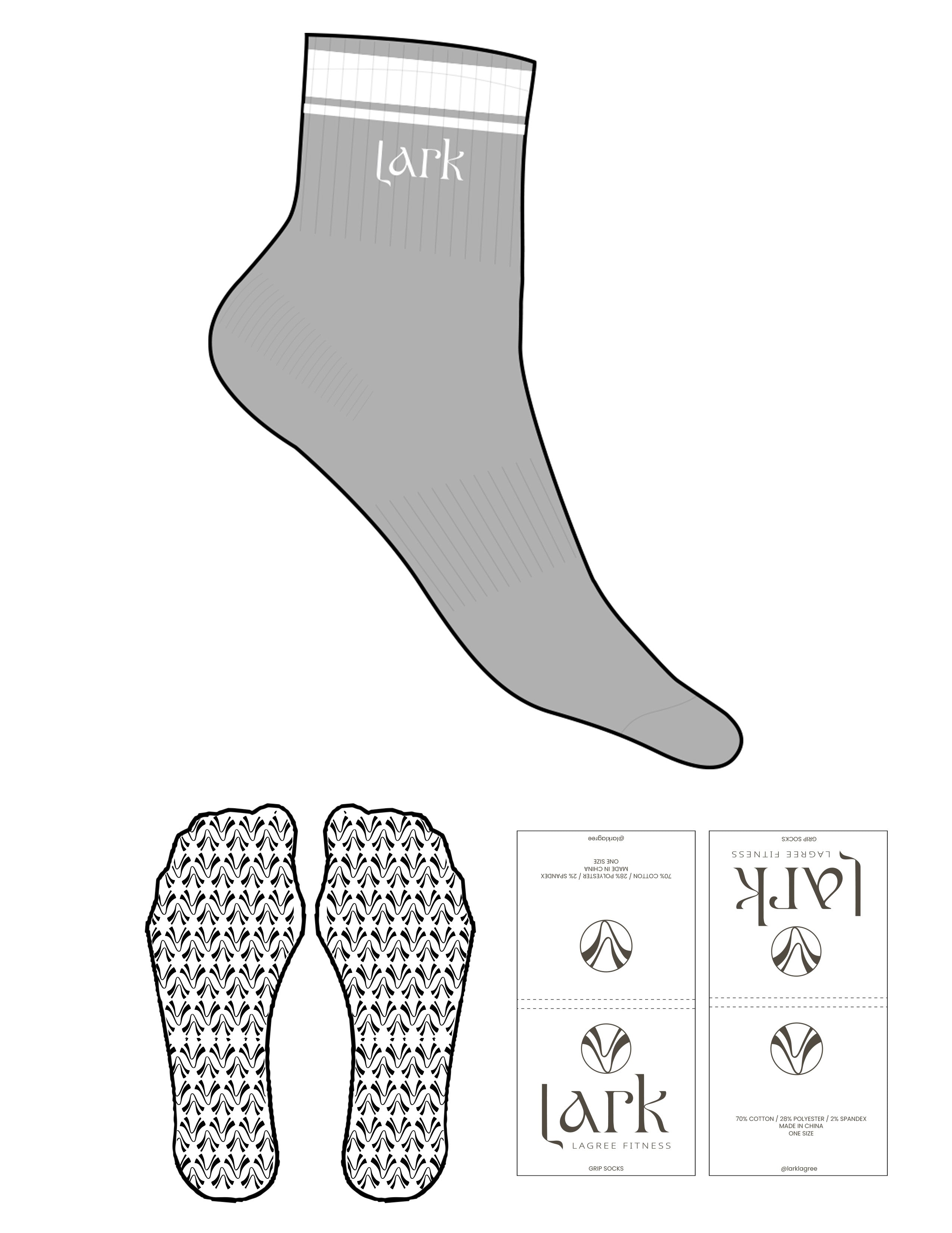 The 1/2 Crew Sock - Heather Gray -  Pure Movement LARK - 2 Stripes - Top Logo Embroidered - White - Custom Grip - White