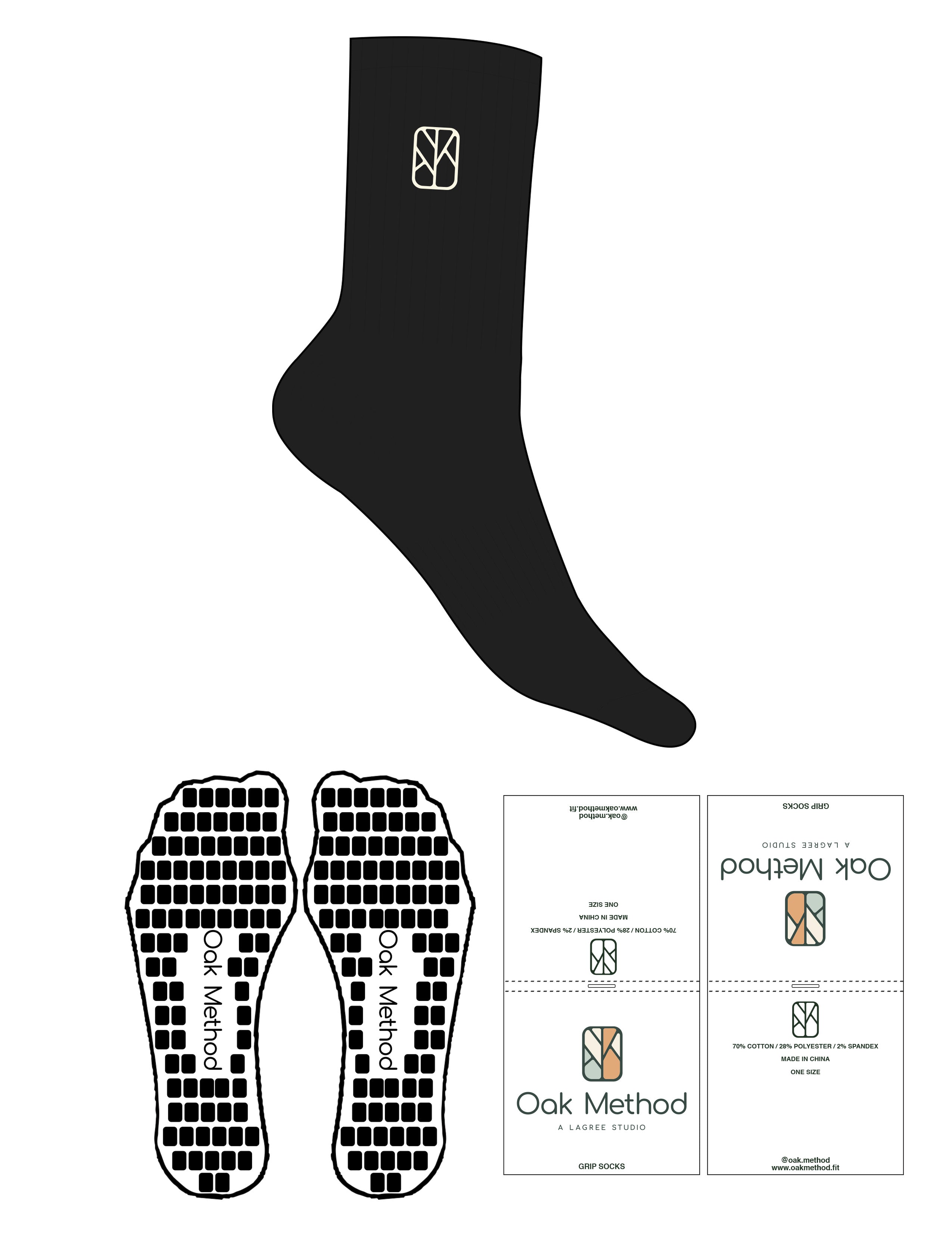 The Crew Sock - Black - The Oak Method - Top Logo - Embroidered - Cream - Custom Grip - Cream