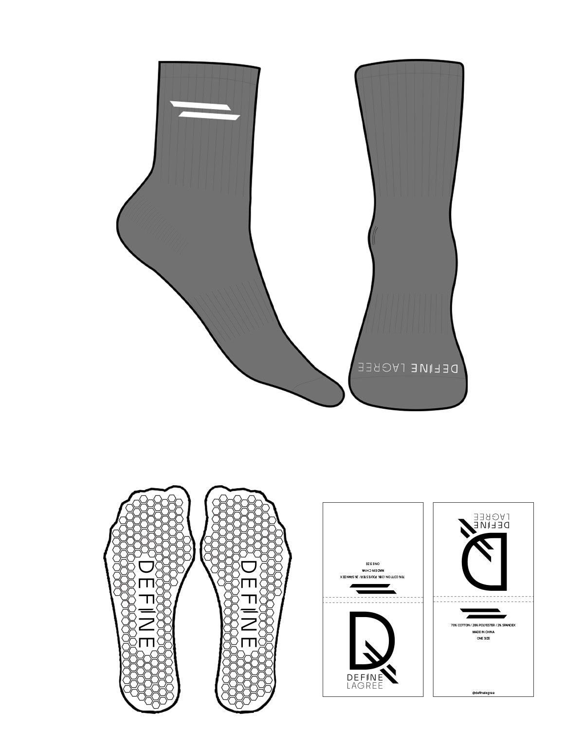 The 3/4 Crew Sock - Charcoal - Define Lagree - Top & Toe Logo - White - Hexagon Grip - Transparent