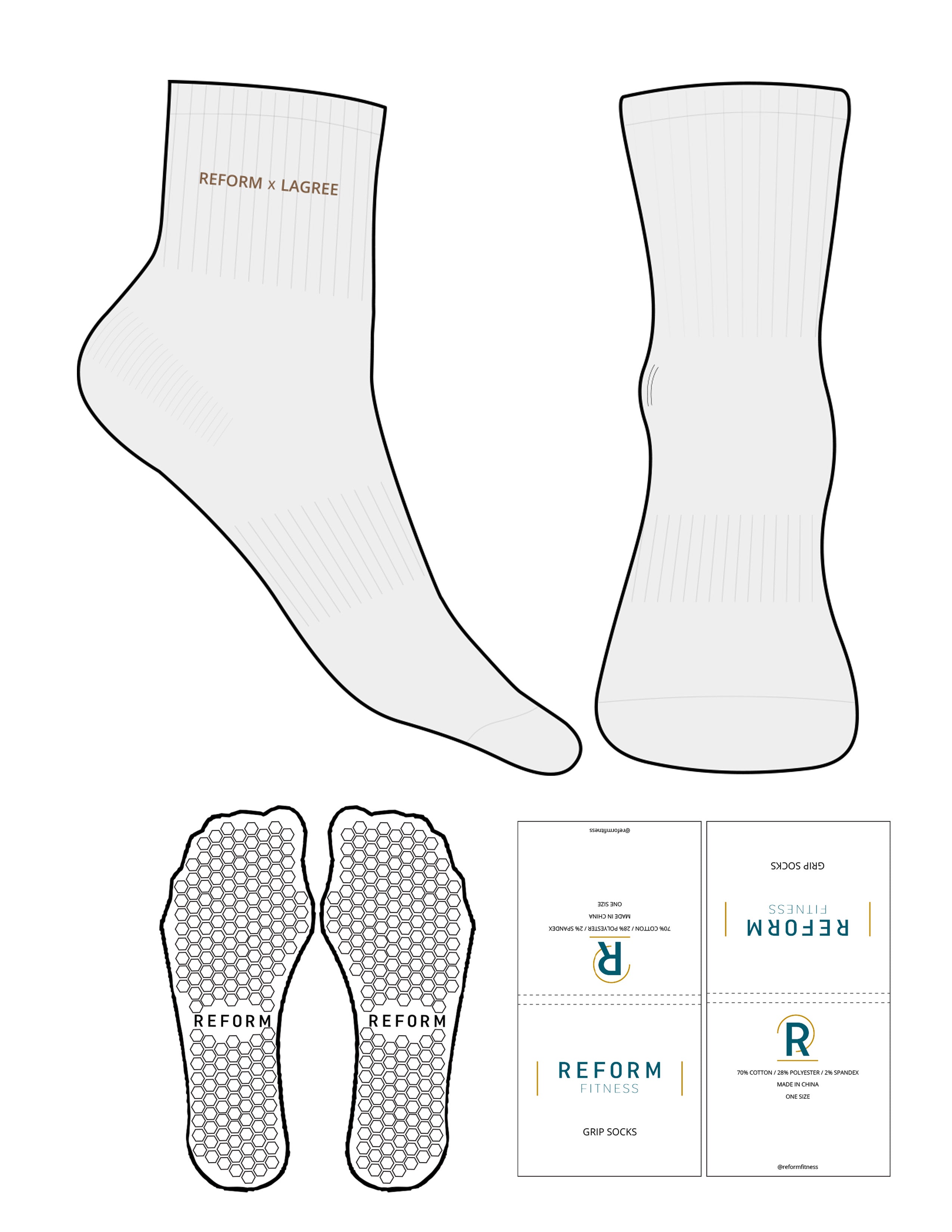 The 1/2 Crew Sock - White Heather - Reform Fitness - Top Logo - Embroidered - Tan - Hexagon Grip - Transparent