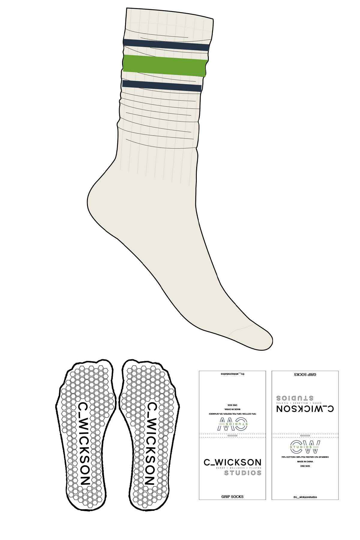 The Slouch Sock - Off White - C Wickson - 3 Strips - Navy/Green - Hexagon Grip - Transparent