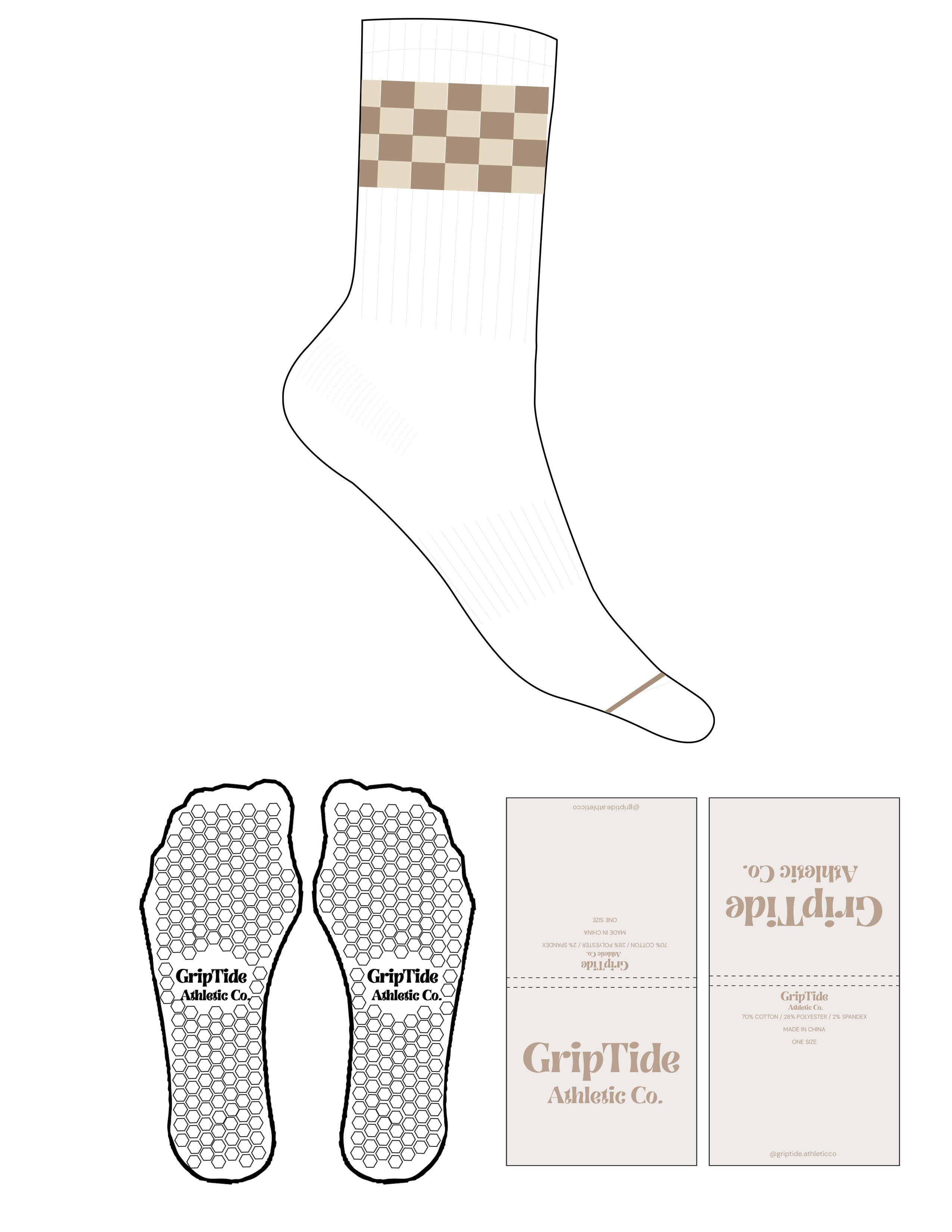 The Crew Sock - White - GripTide - Seedpearl & Chai Checkered Wrap Logo - Chai Toe Stripe - Hexagon Grip - Chai