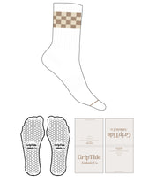 The Crew Sock - White - GripTide - Seedpearl & Chai Checkered Wrap Logo - Chai Toe Stripe - Hexagon Grip - Chai