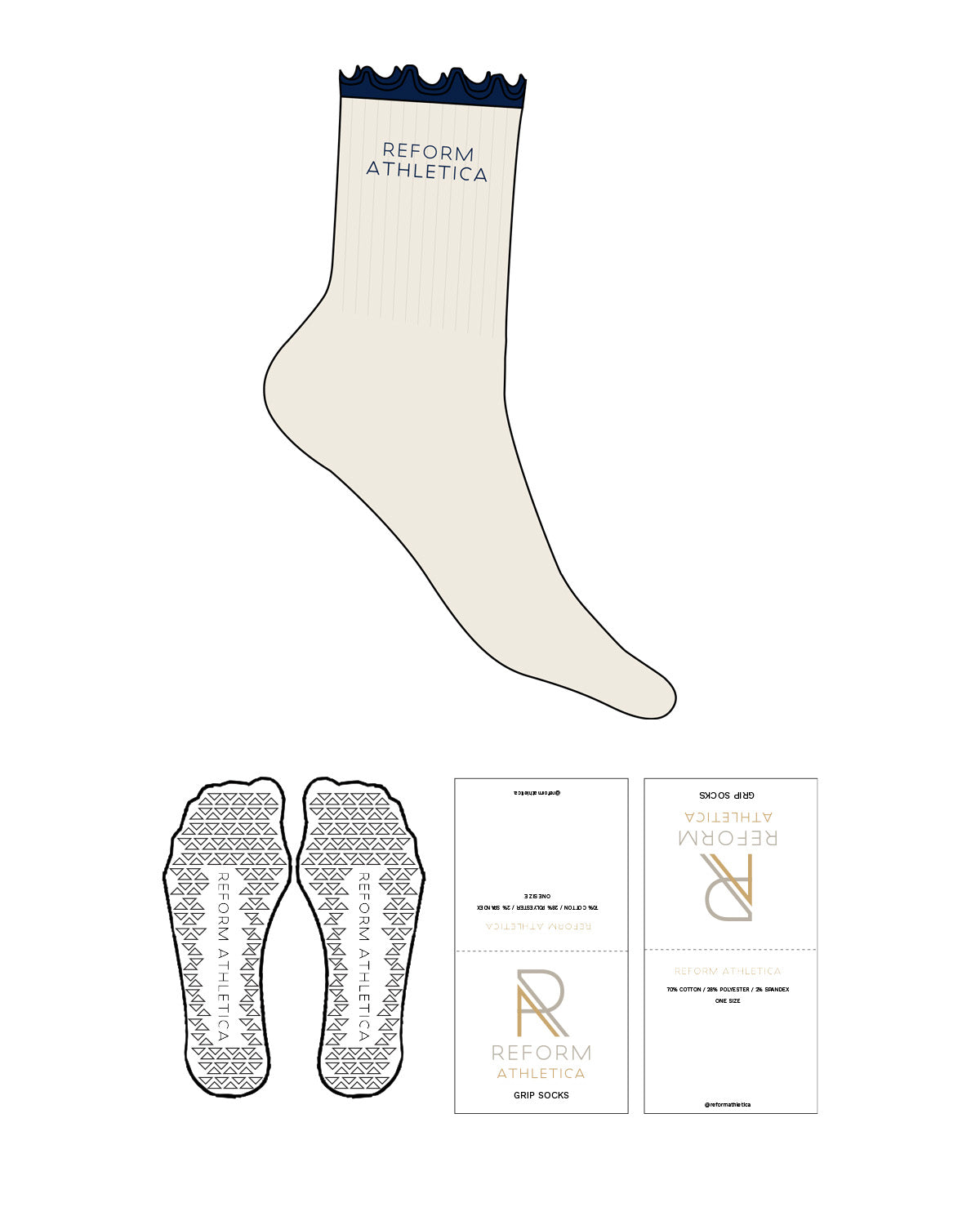 The 3/4 Crew Sock - Off White - Reform Athletica - Ankle Text - Embroidered - Navy - Triangle Shape Grip - Transparent