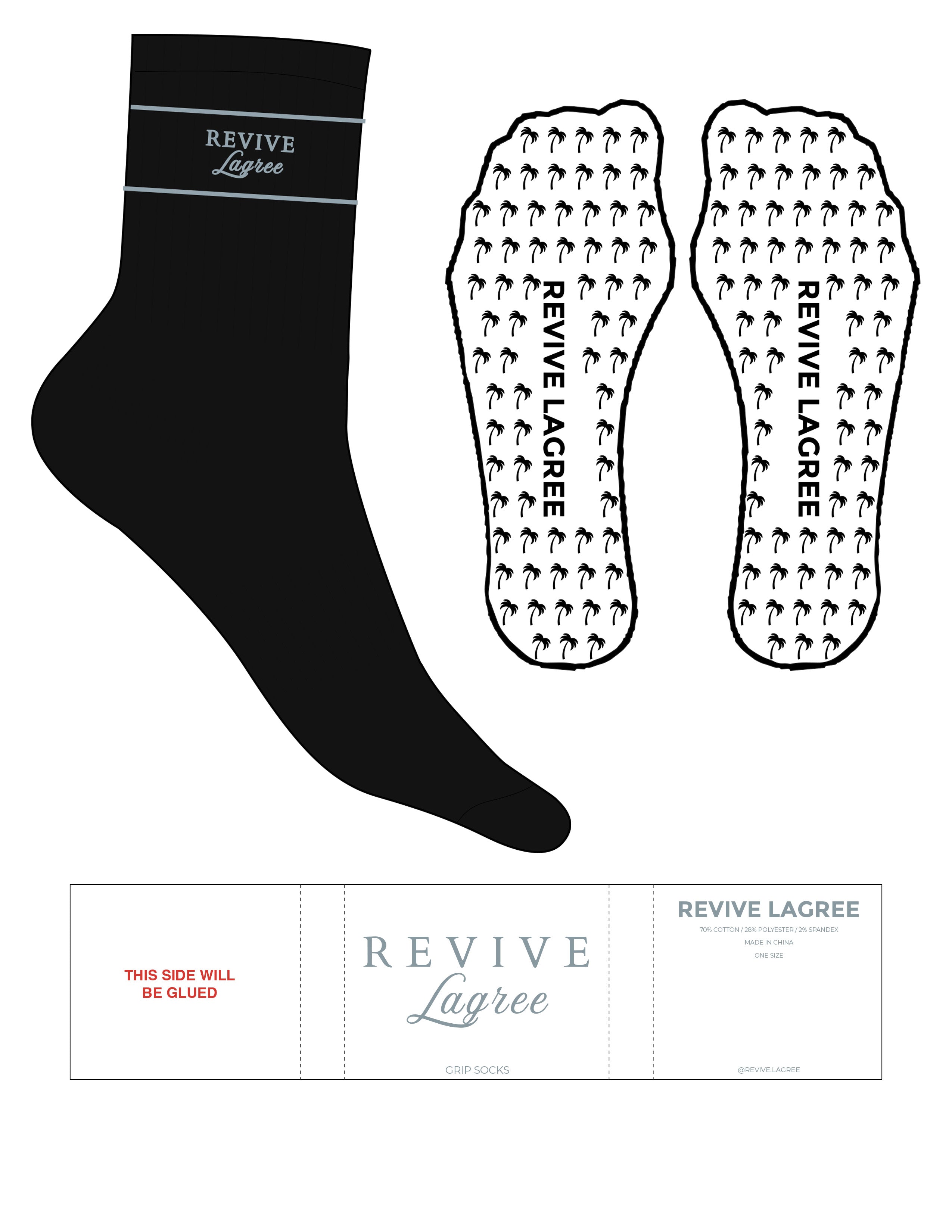 The 3/4 Crew Sock - Black - Revive Lagree - Frost Stripes - Top Logo Stacked - Embroidered - Frost - Palm Tree Grip - Frost