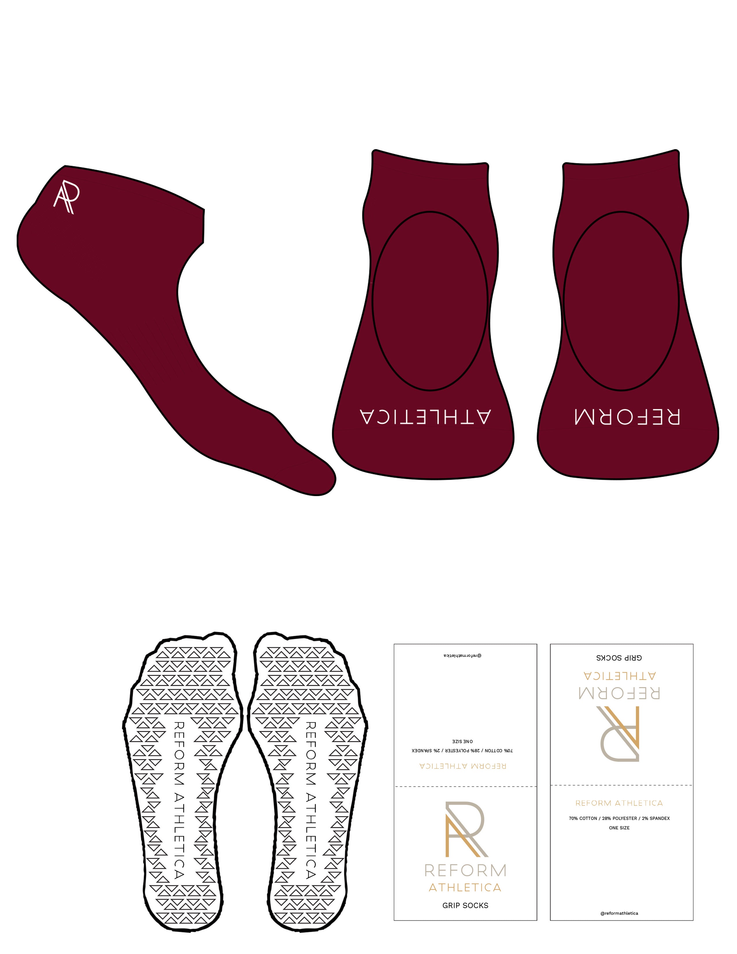 The Ballet Sock - Maroon - Reform Athletica - Ankle & Toe Logos - White - Triangle Grip - White