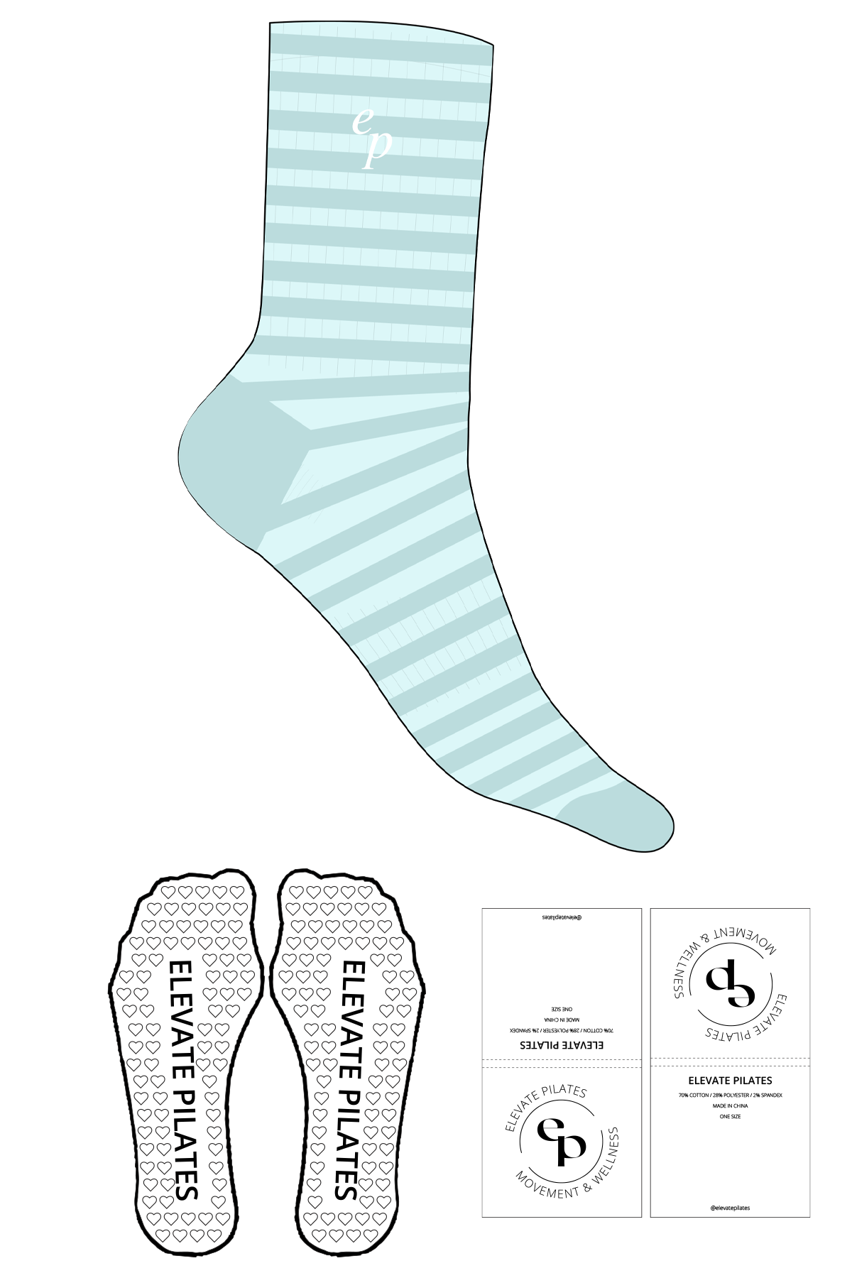 The Crew Sock - Light Blue - Elevate Pilates - Dark Blue Printed Stripes - Top Logo Stacked - Embroidered - White - Heart Grip - Transparent