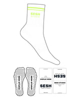 The 3/4 Crew Sock - White - Sesh Studio - 2 Strips - Top Logo Stacked - Neon Green - Triangle Shape Grip - Transparent