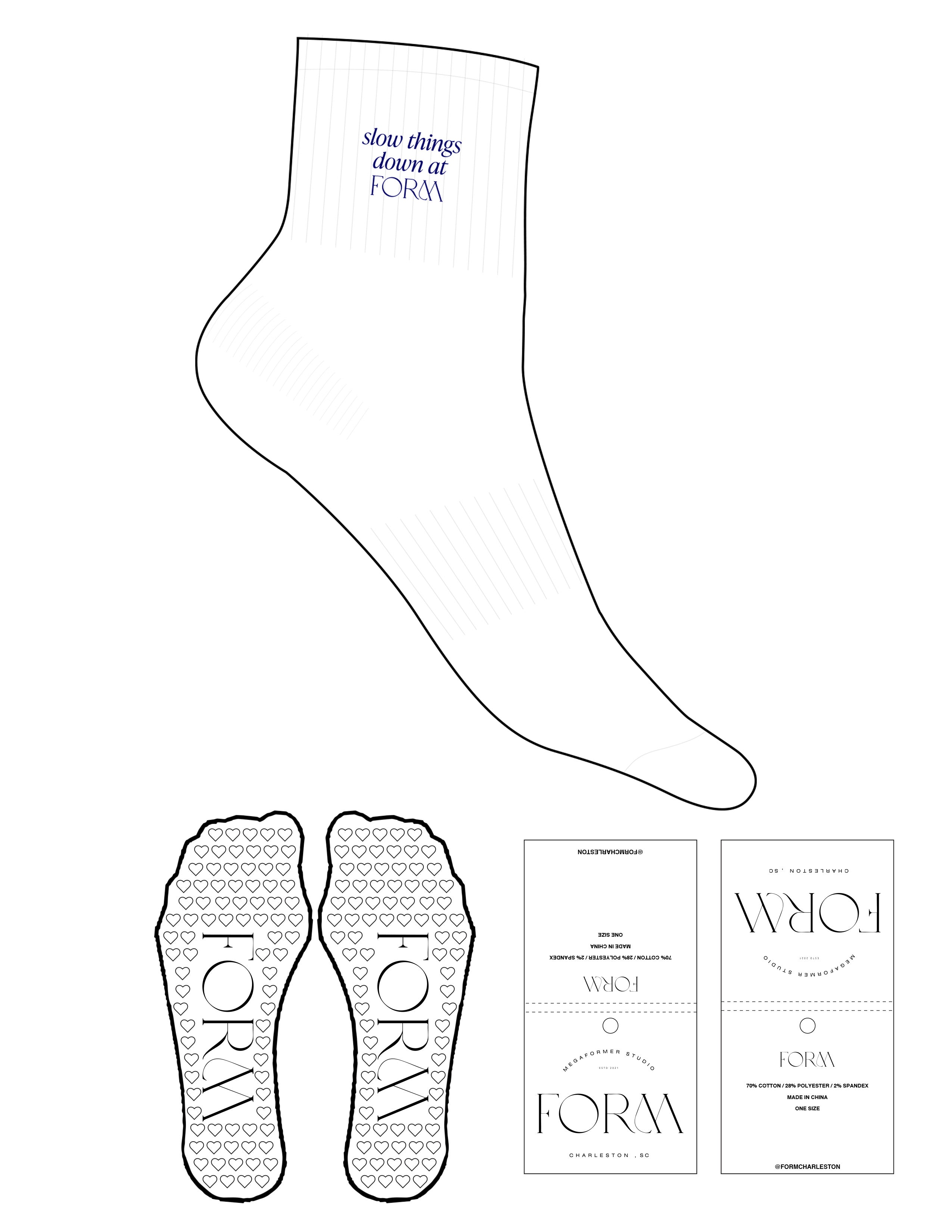 The 1/2 Crew Sock - White - Form Charleston - Top Logo Stacked - Embroidered - Navy - Heart Grip - White