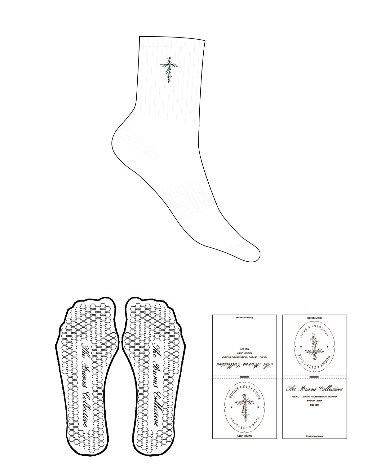 The 1/2 Crew Sock - White - Burns Collective - Top Logo - Embroidered - Mahogany - Hexagon Grip - Black