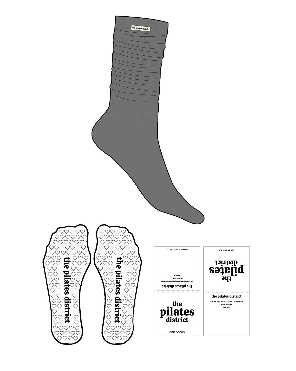 The Slouch Sock - Charcoal - THE PILATES DISTRICT - Sew on Logo - Heart Shape Grip - Translucent