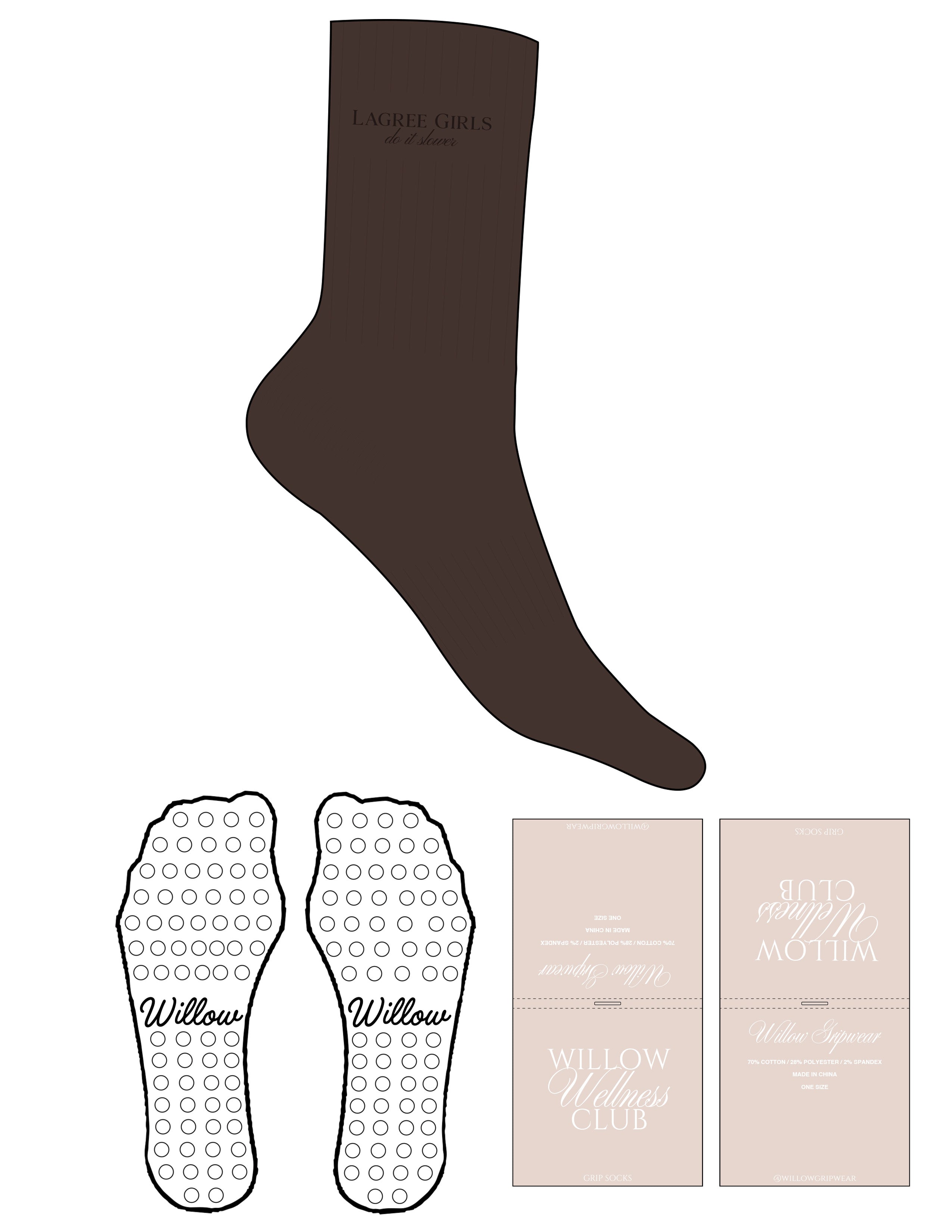 The Crew Sock - Brown - Willow Gripwear - Top Logo Stacked - EMB - Flat Ribbing - Tone on Tone - Circle Grip - Transparent