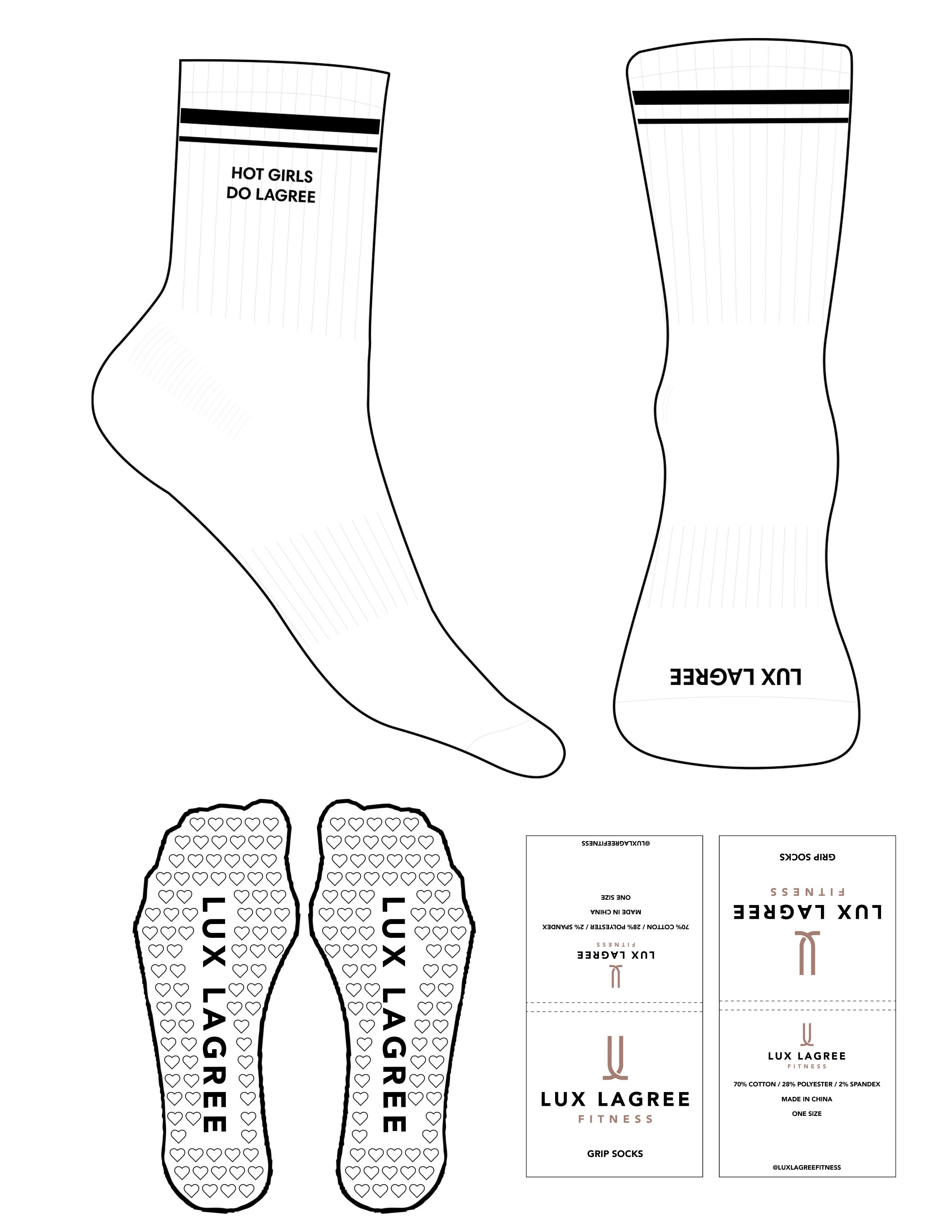 The 3/4 Crew Sock - White - Lux Lagree - 2 Stripes Printed -  Top Embroidered & Toe Printed Logo - Black - Heart Grip - Black