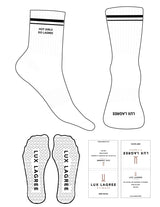 The 3/4 Crew Sock - White - Lux Lagree - 2 Stripes Printed -  Top Embroidered & Toe Printed Logo - Black - Heart Grip - Black